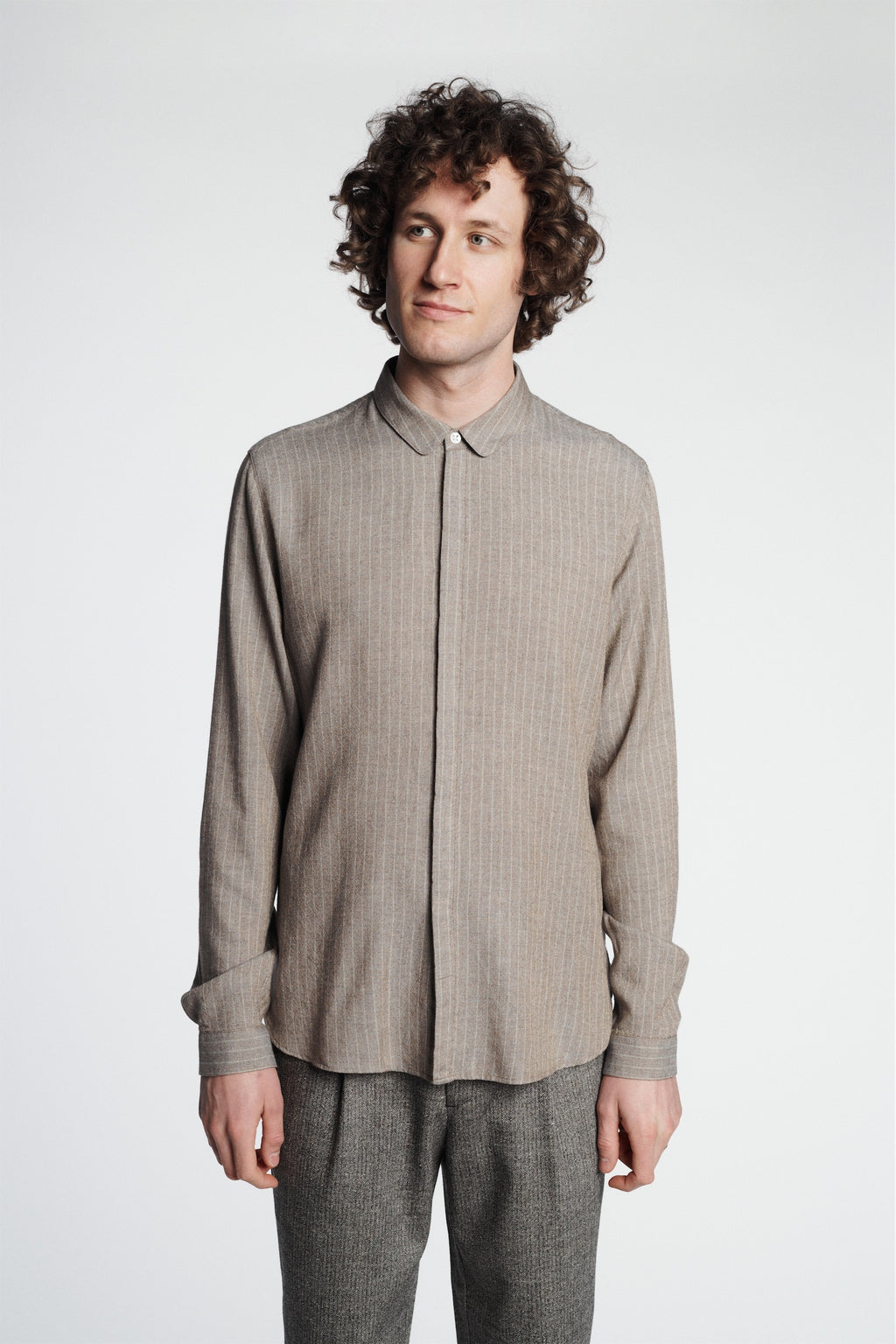 Cute Shirt in a Rusty Grey Copper Green Pin Stripe Portuguese Merino Wool and Modal