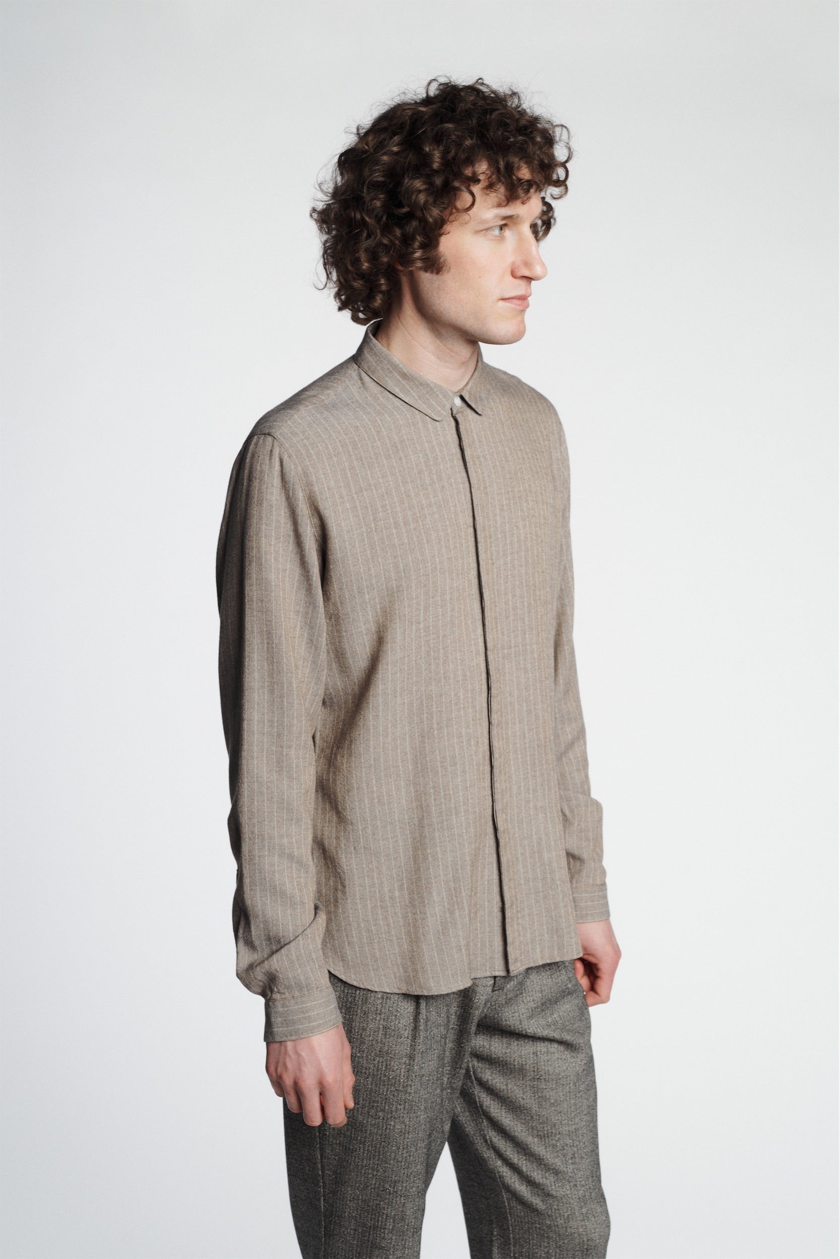 Cute Shirt in a Rusty Grey Copper Green Pin Stripe Portuguese Merino Wool and Modal