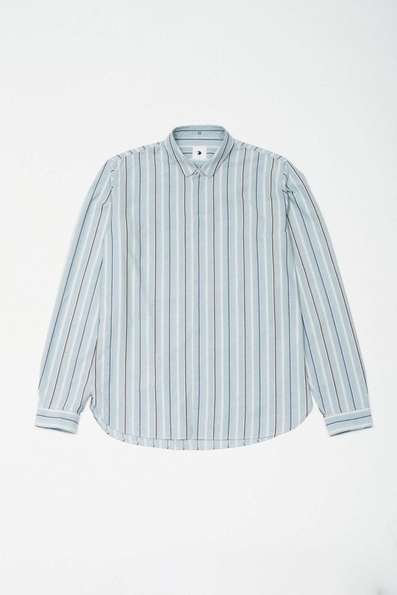 Cute Round Collar Shirt in a Mint Green, Blue, Brown and White Striped Italian Organic Cotton