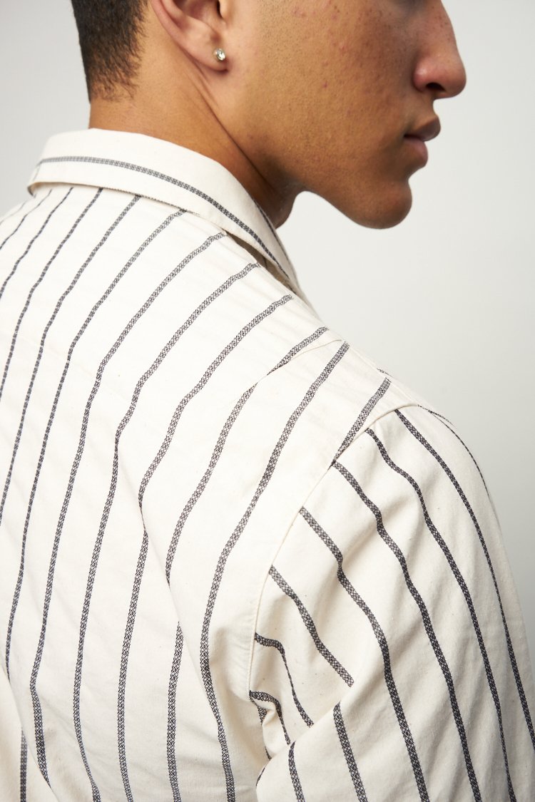 Cute Round Collar Shirt in Dark Blue and Cream White Striped Italian Organic Cotton