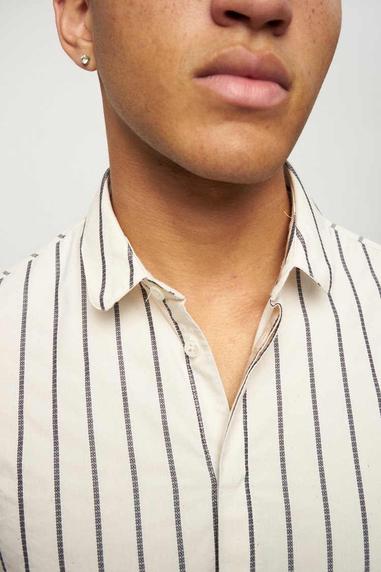 Cute Round Collar Shirt in Dark Blue and Cream White Striped Italian Organic Cotton