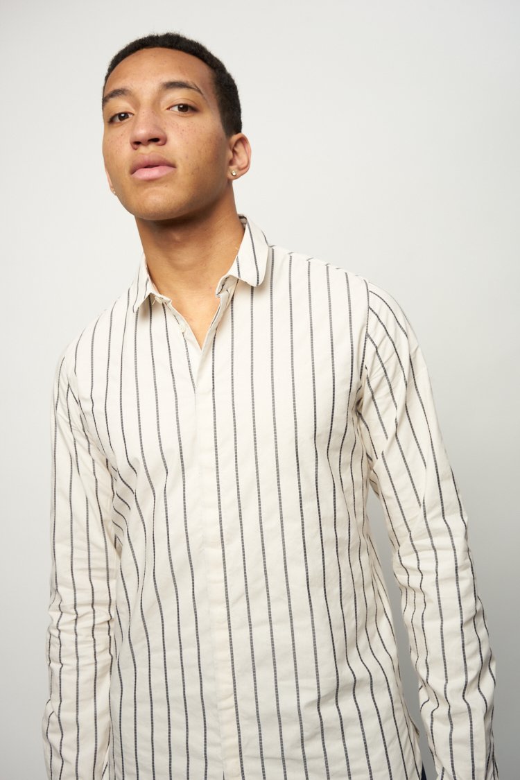 Cute Round Collar Shirt in Dark Blue and Cream White Striped Italian Organic Cotton