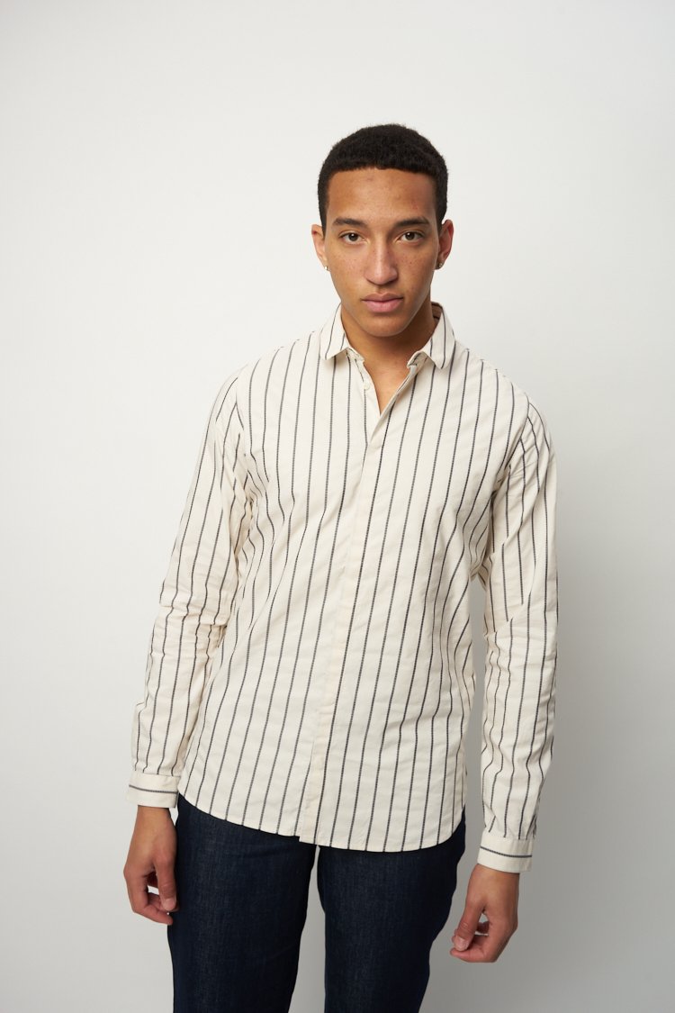 Cute Round Collar Shirt in Dark Blue and Cream White Striped Italian Organic Cotton