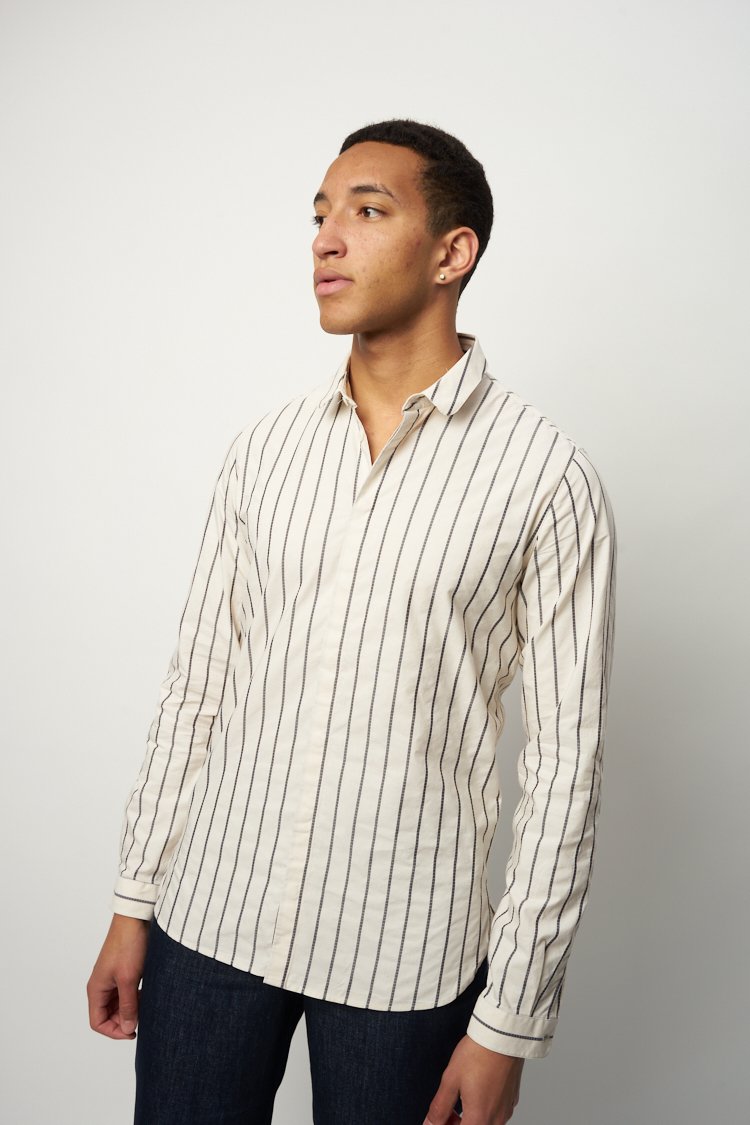 Cute Round Collar Shirt in Dark Blue and Cream White Striped Italian Organic Cotton