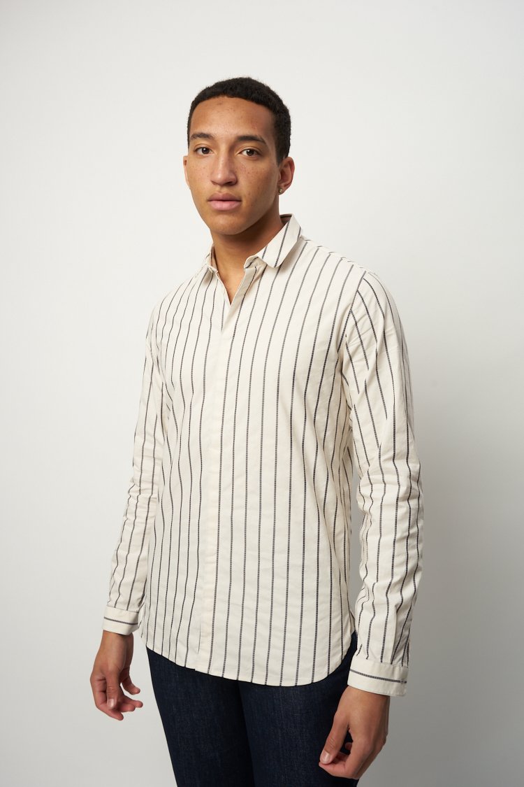 Cute Round Collar Shirt in Dark Blue and Cream White Striped Italian Organic Cotton