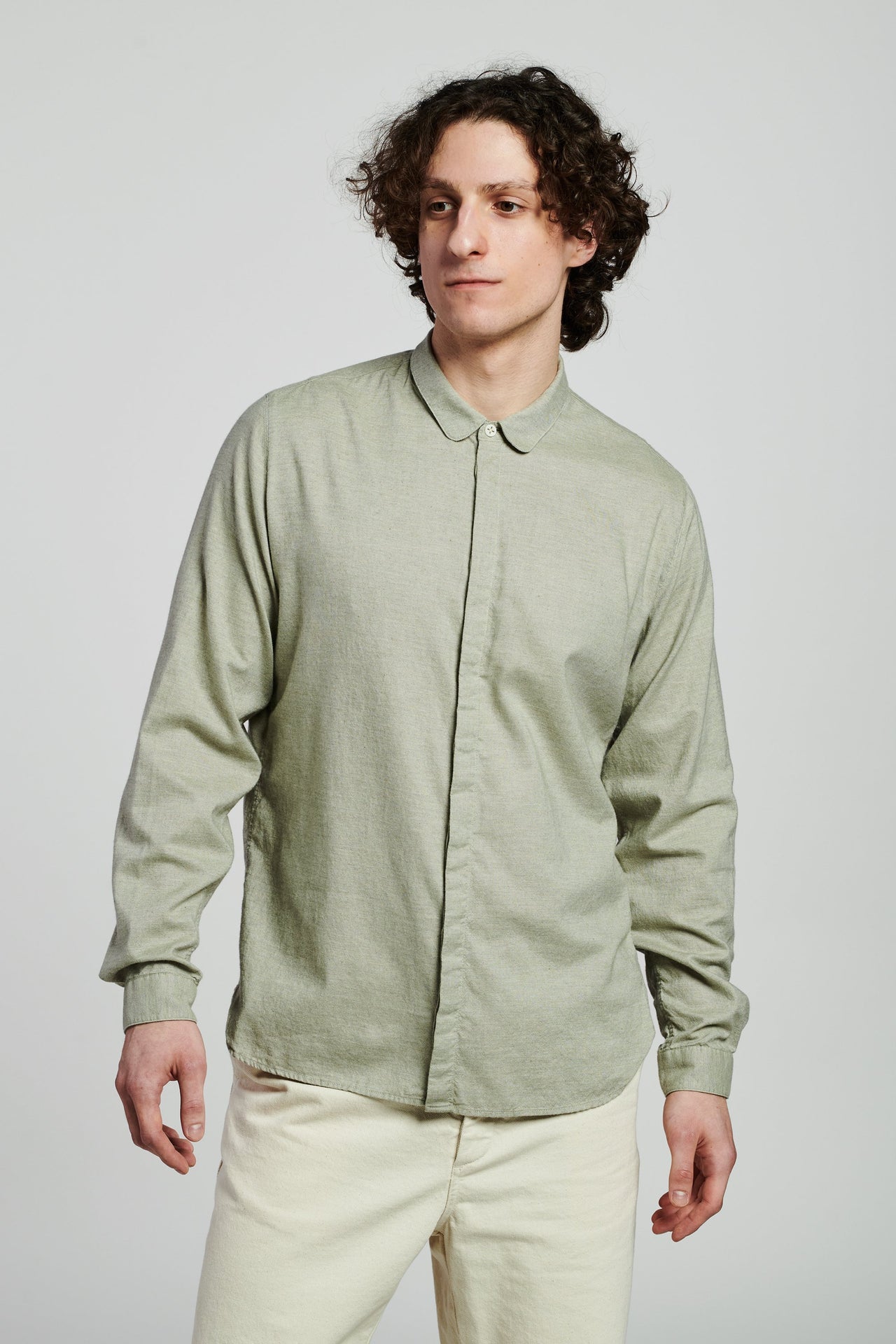 Cute Round Collar Shirt in a Soft Green Japanese Organic Oxford