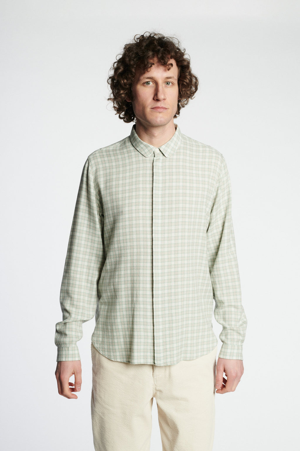 Cute Shirt in a Light Green, Cream White and Light Grey Chequered Soft Portuguese Merino Wool and Modal