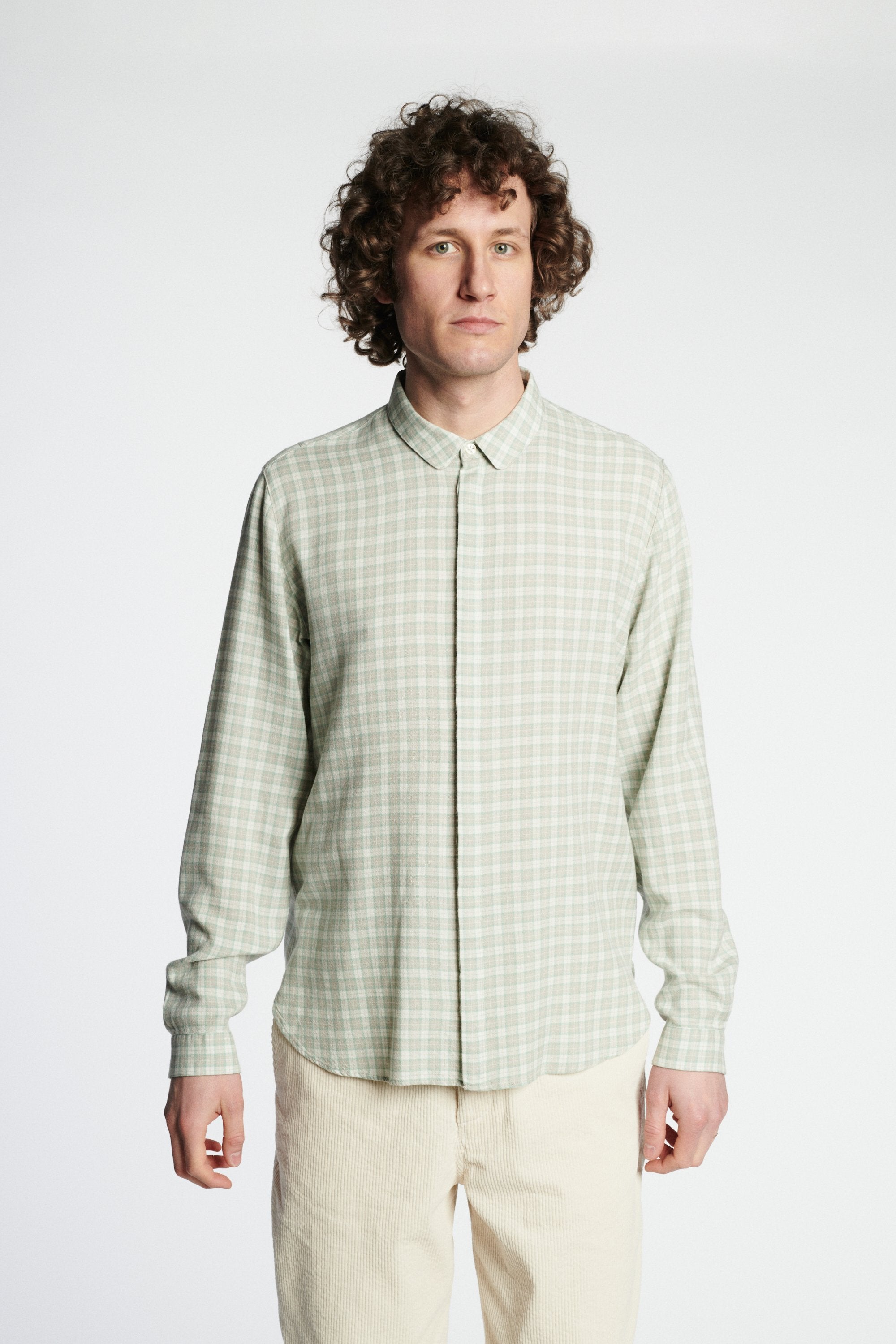 Cute Shirt in a Light Green, Cream White and Light Grey Chequered Soft Portuguese Merino Wool and Modal