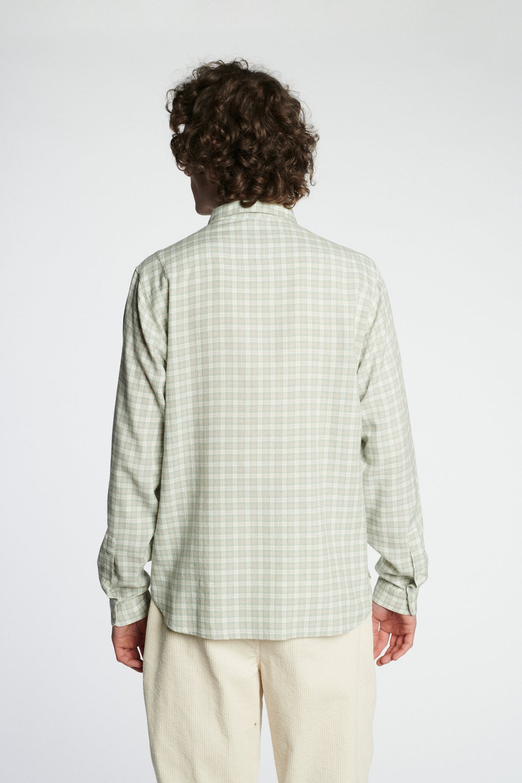 Cute Shirt in a Light Green, Cream White and Light Grey Chequered Soft Portuguese Merino Wool and Modal
