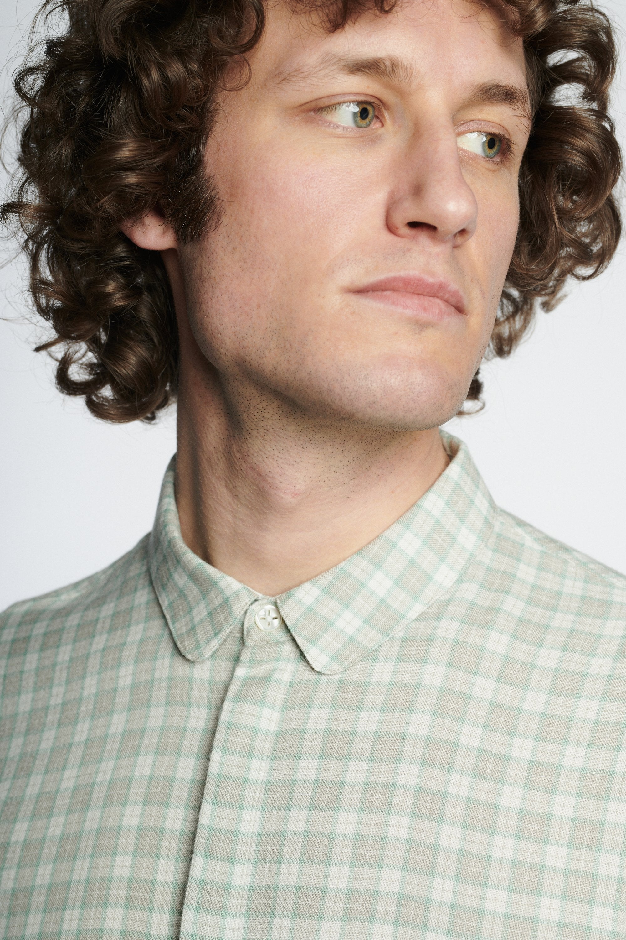 Cute Shirt in a Light Green, Cream White and Light Grey Chequered Soft Portuguese Merino Wool and Modal