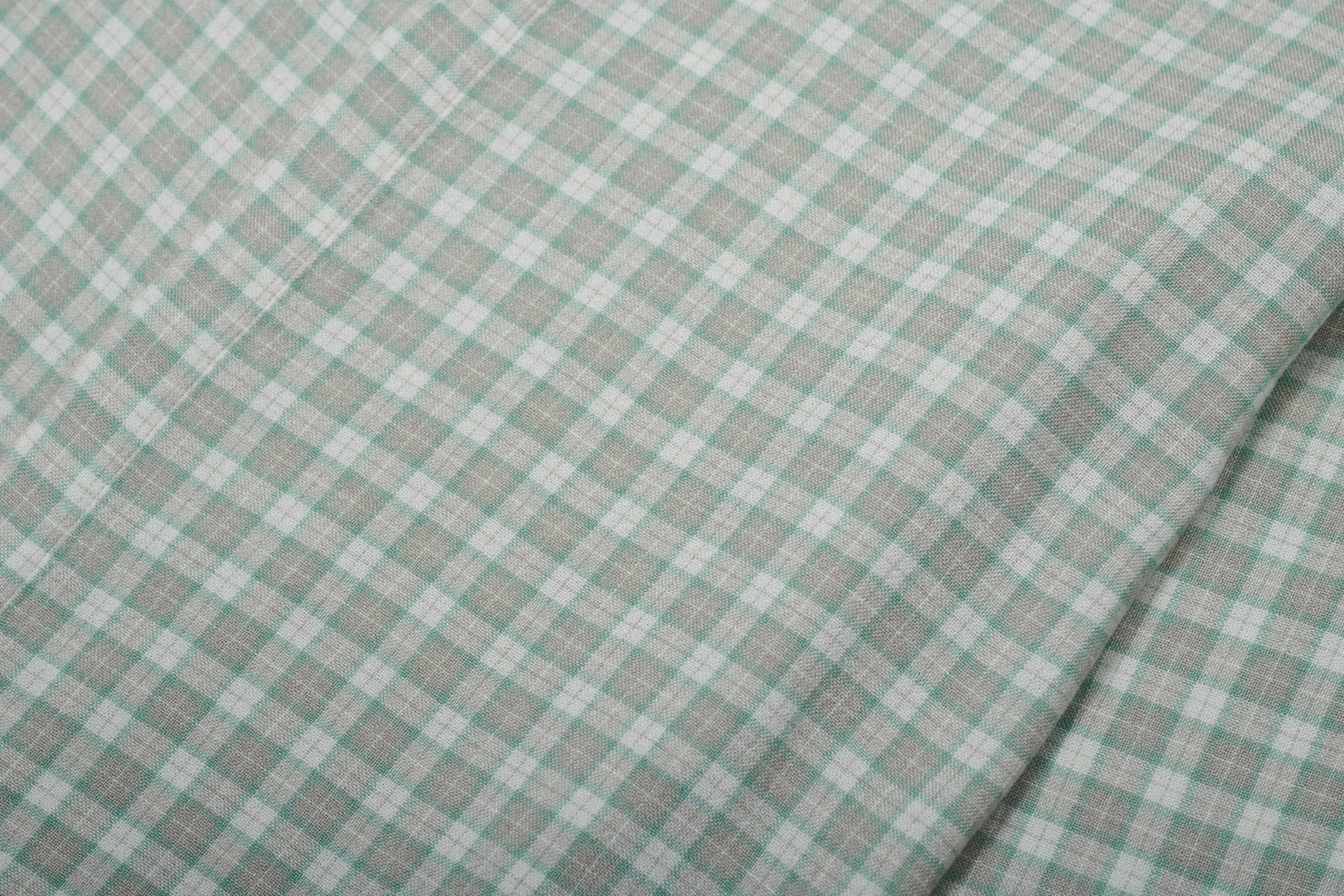 Cute Shirt in a Light Green, Cream White and Light Grey Chequered Soft Portuguese Merino Wool and Modal
