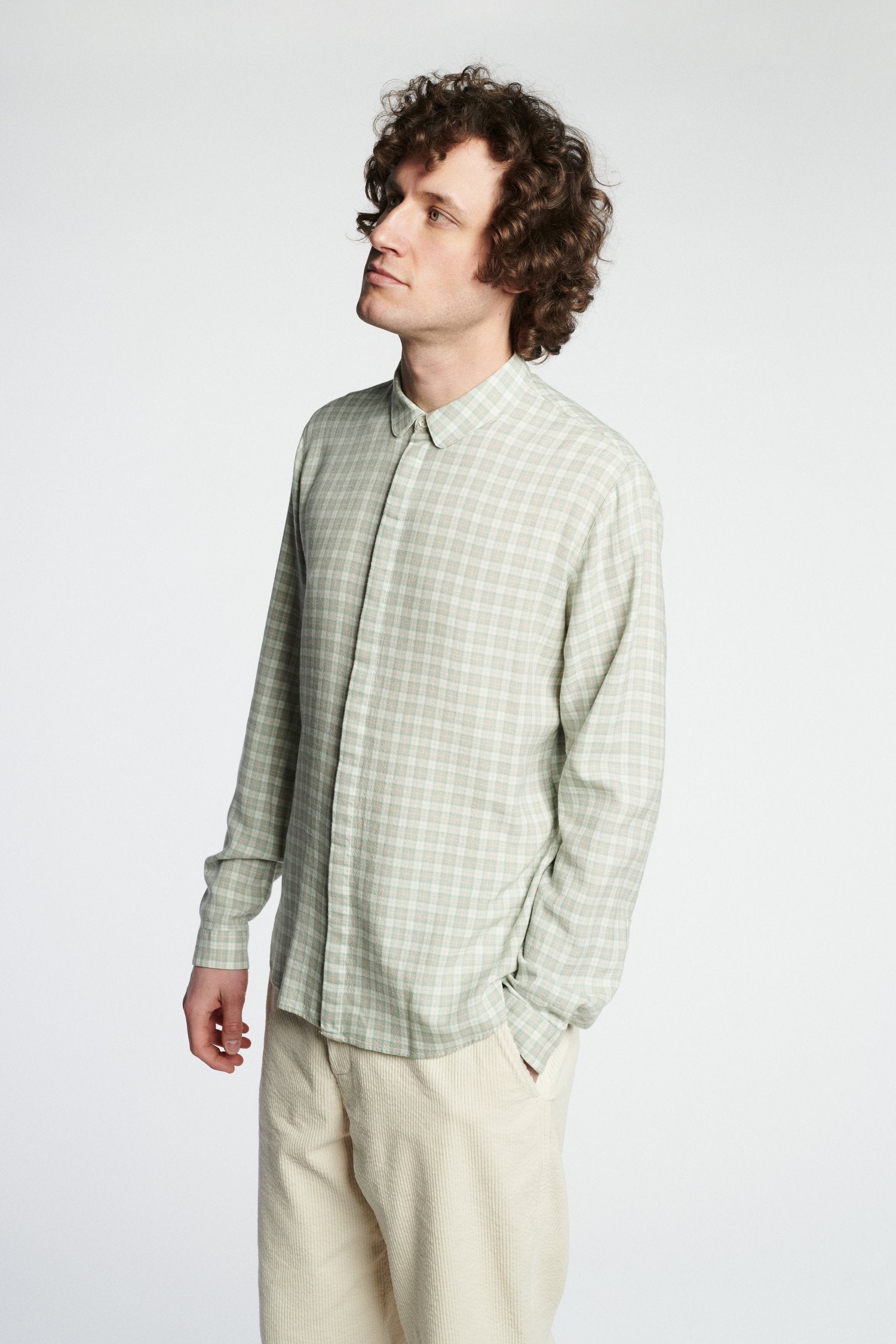 Cute Shirt in a Light Green, Cream White and Light Grey Chequered Soft Portuguese Merino Wool and Modal