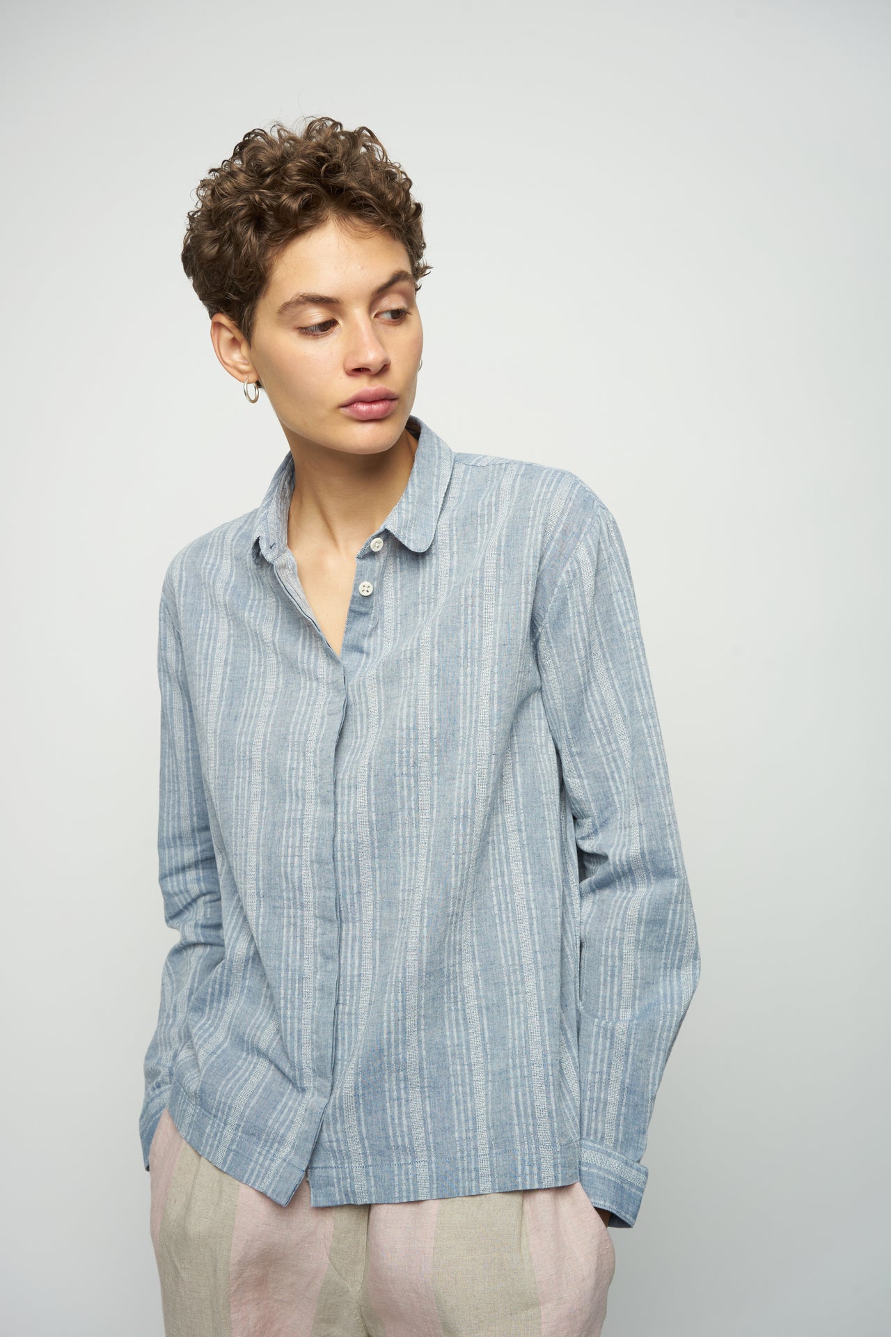 Cute Round Collar Shirt in a Grey Blue Japanese Organic Jacquard Cotton