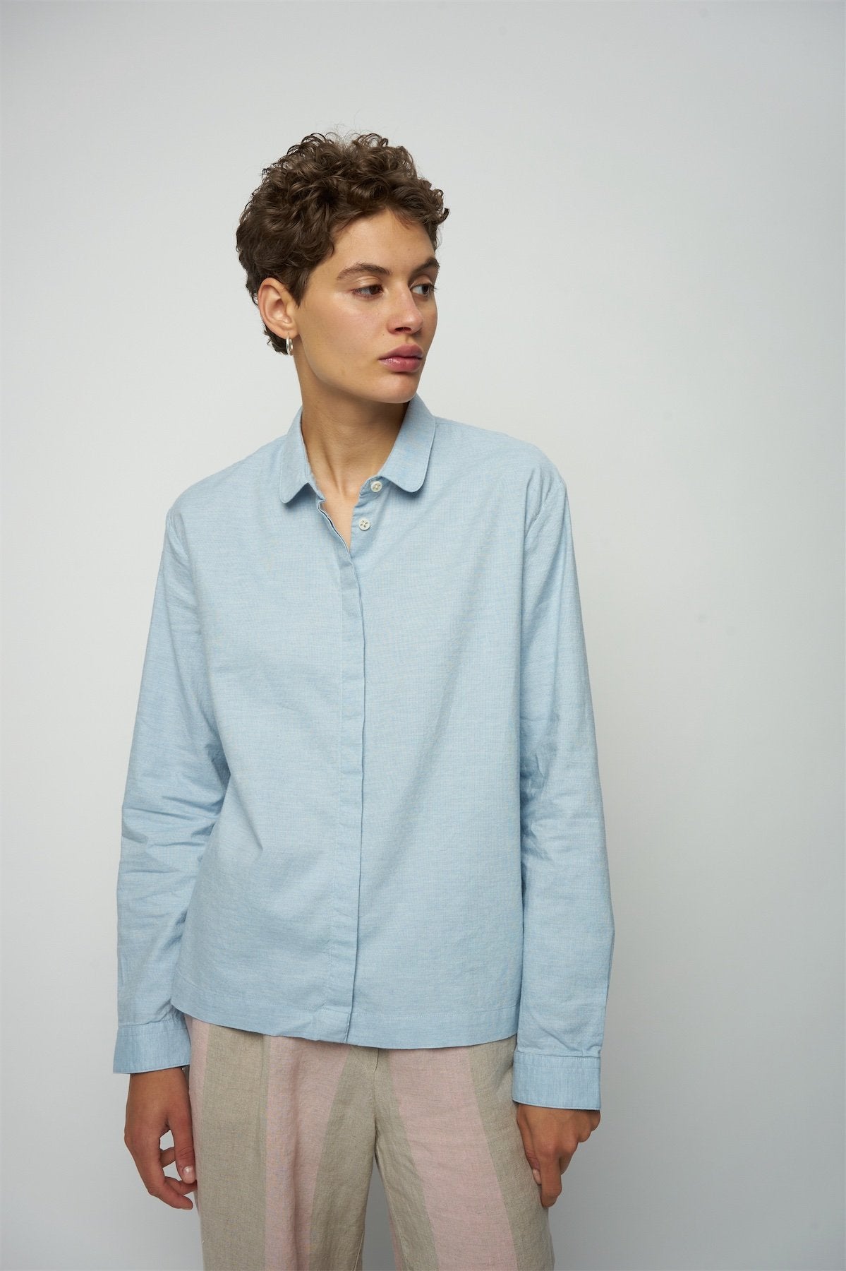 Cute Round Collar Shirt in a Light Blue Japanese Organic Oxford Cotton