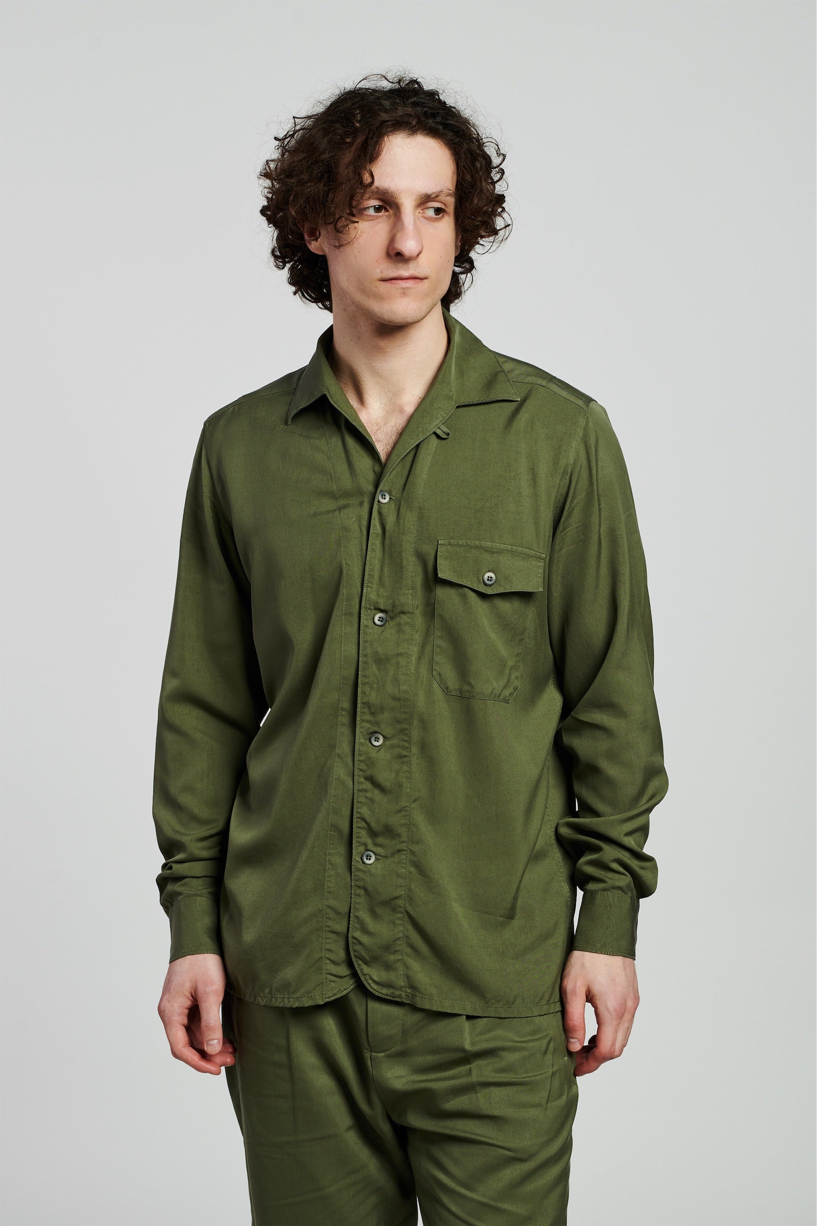 Relaxed Camp Collar Overshirt in an Olive Green Sustainable Smooth