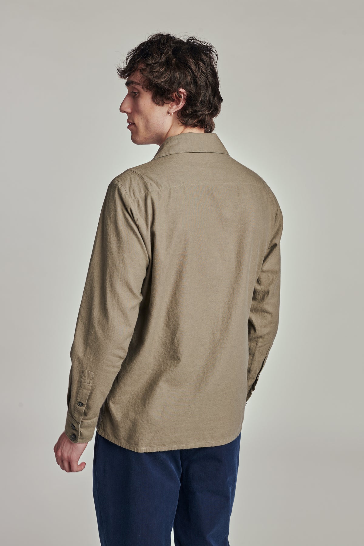 Relaxed Camp Collar Overshirt in a Sage Green Italian Brushed Cotton Flannel