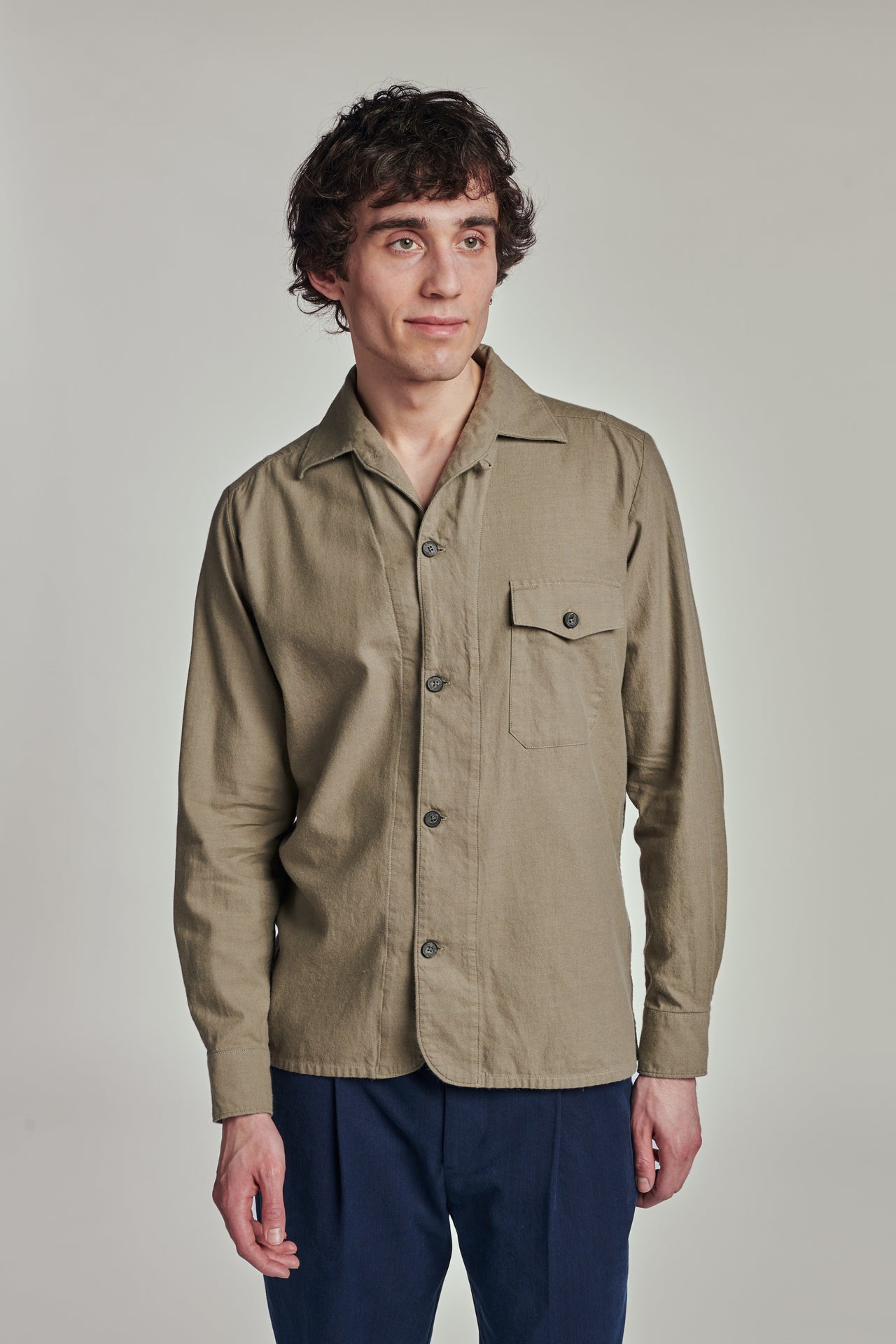 Relaxed Camp Collar Overshirt in a Sage Green Italian Brushed Cotton Flannel