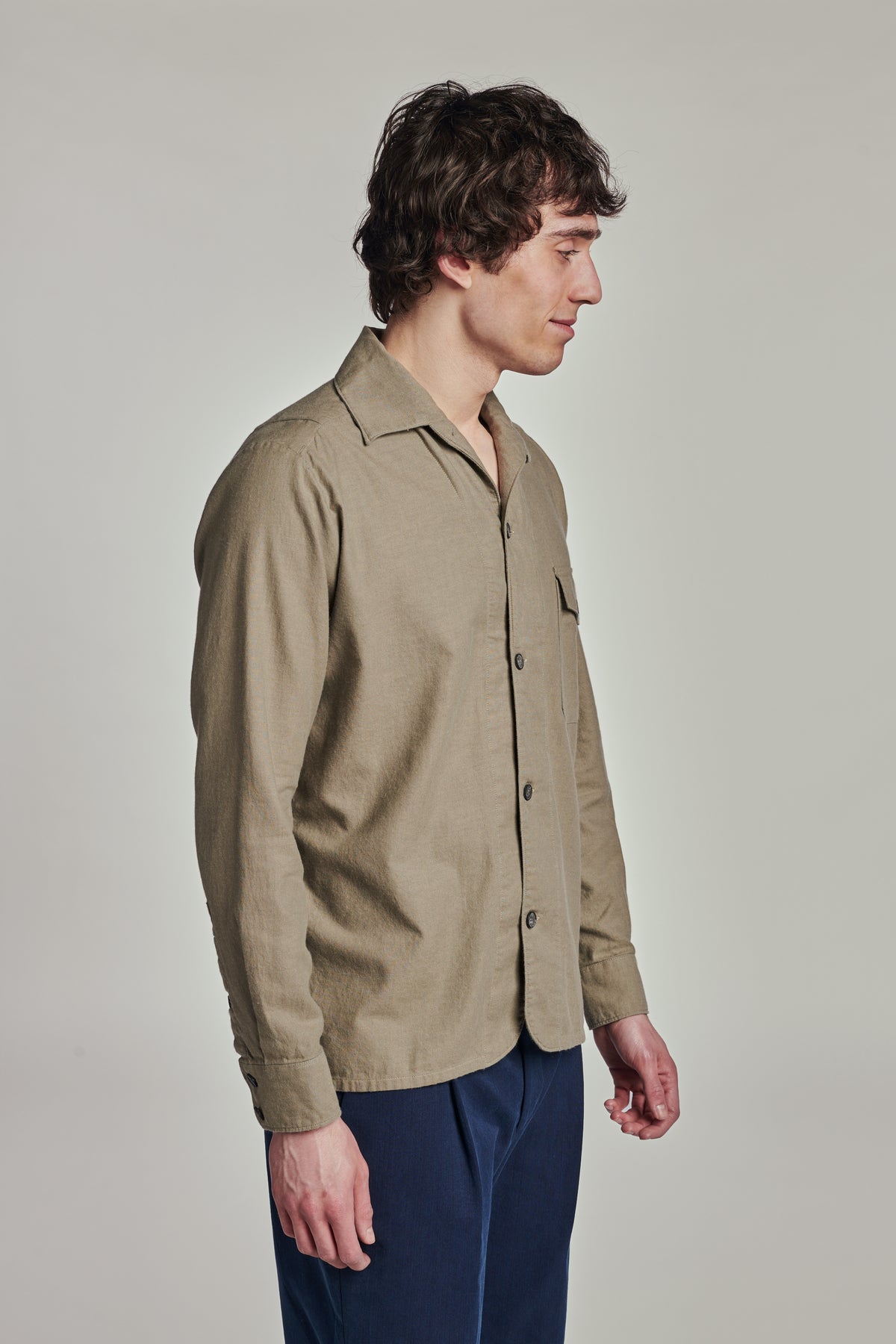 Relaxed Camp Collar Overshirt in a Sage Green Italian Brushed Cotton Flannel