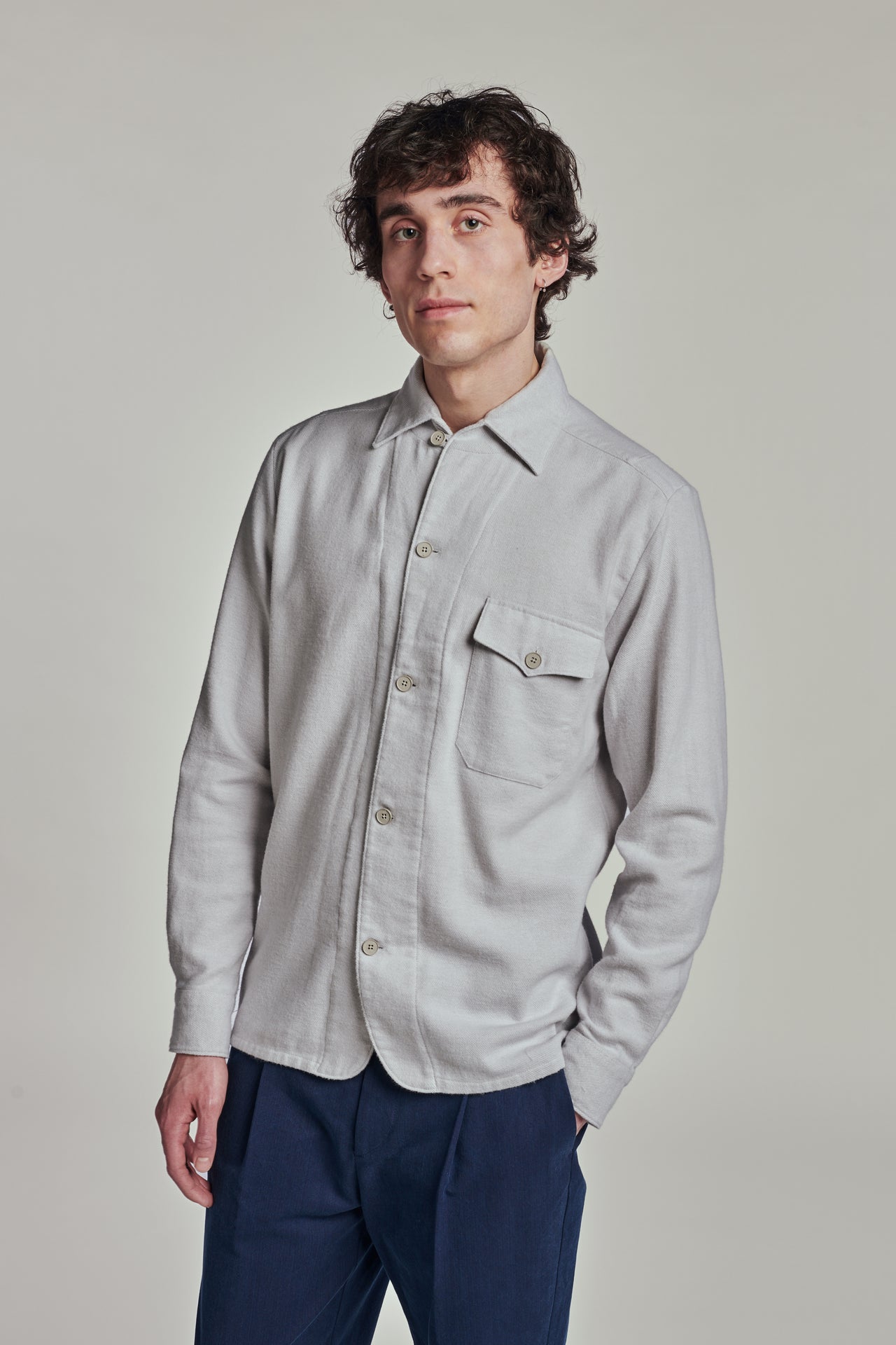 Relaxed Camp Collar Overshirt in a Light Grey Portuguese Cotton Flannel