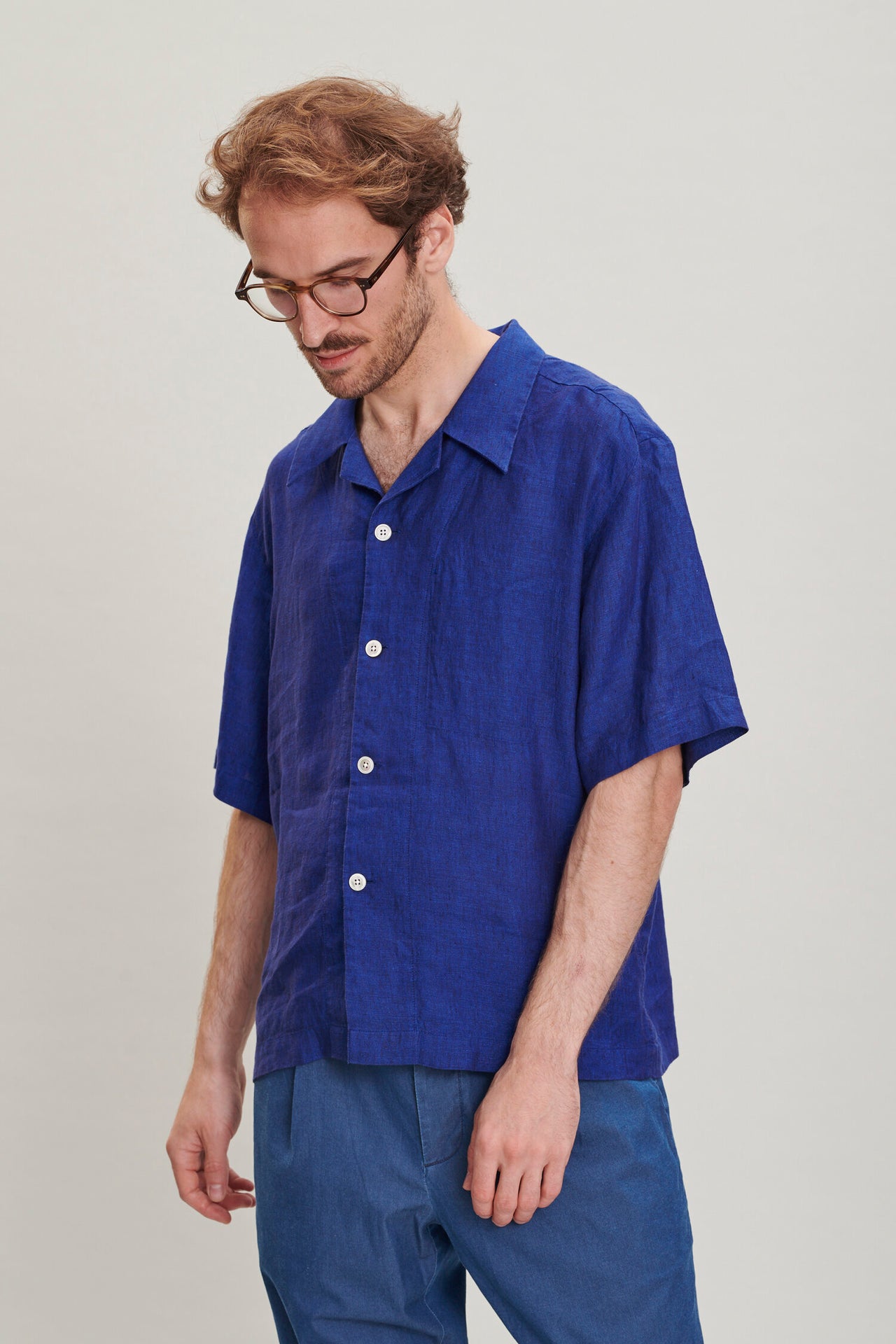 Short Sleeve Cuban Collar Shirt in a Soft and Airy Cobalt Blue Bohemian Linen