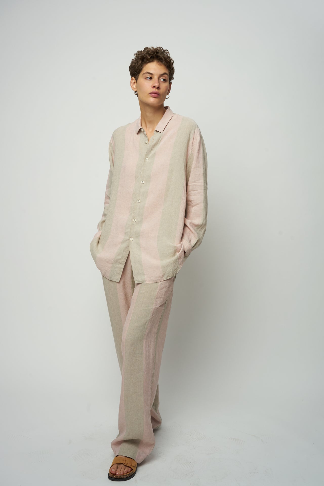 Long Sleeve Oversized Boxy Collar Shirt in Tonal Pink and Beige Stripes of a Superb Italian Traceable Linen