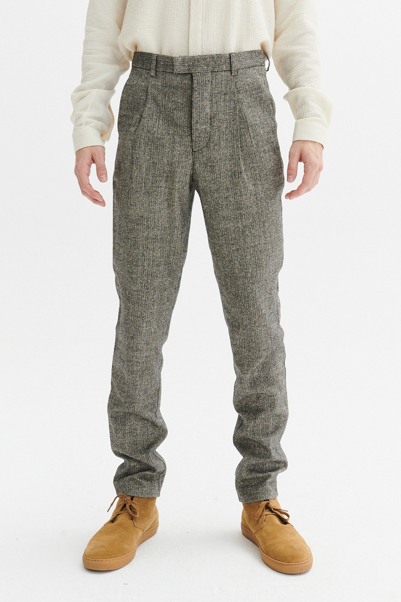 Bohemian Trousers in the Finest Grey Herringbone Italian Wool and Silk Blend
