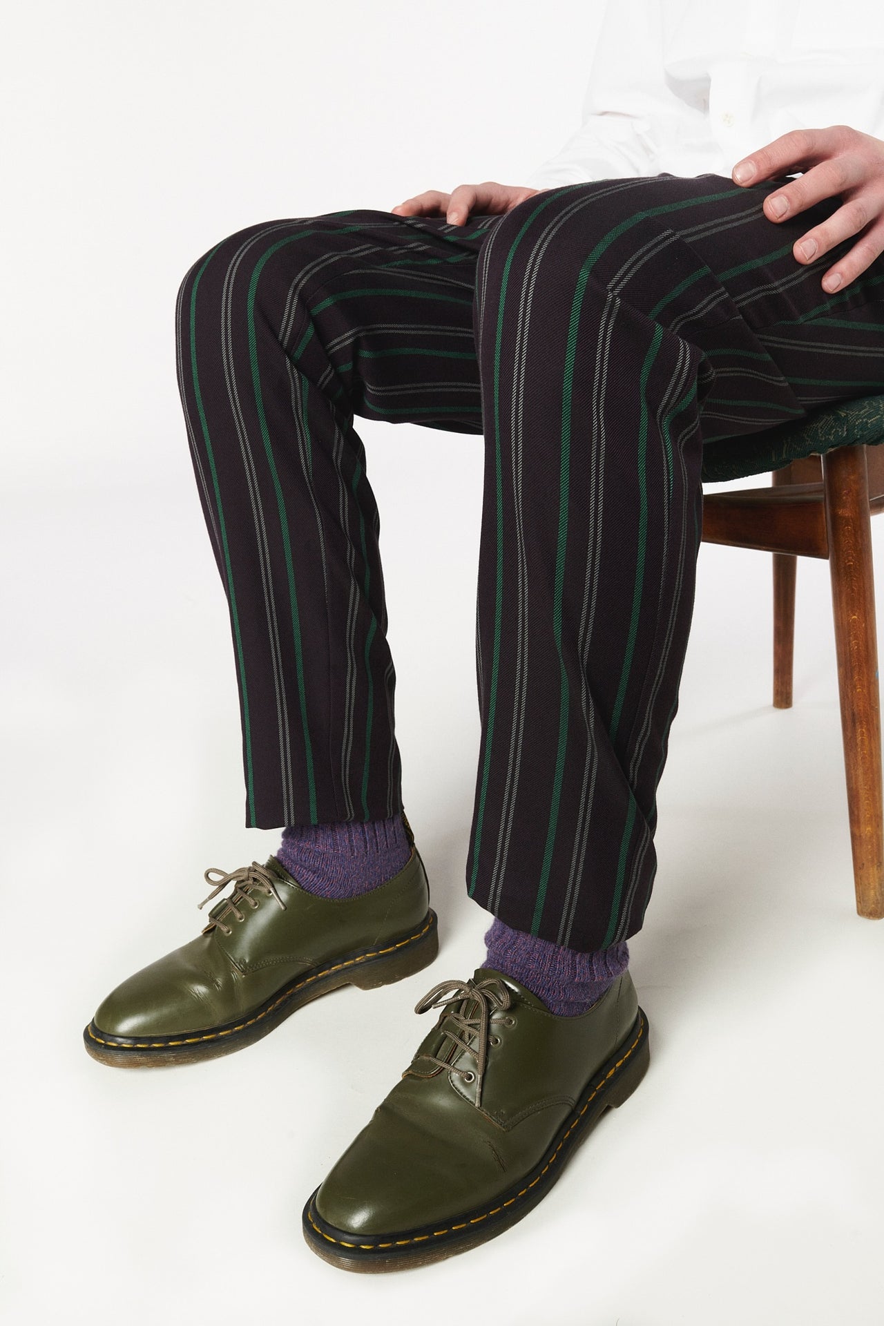 Bohemian Trousers in an Eggplant Dark Purple and Emerald Green Stripe in the Finest Italian Cotton by Laniﬁcio Subalpino