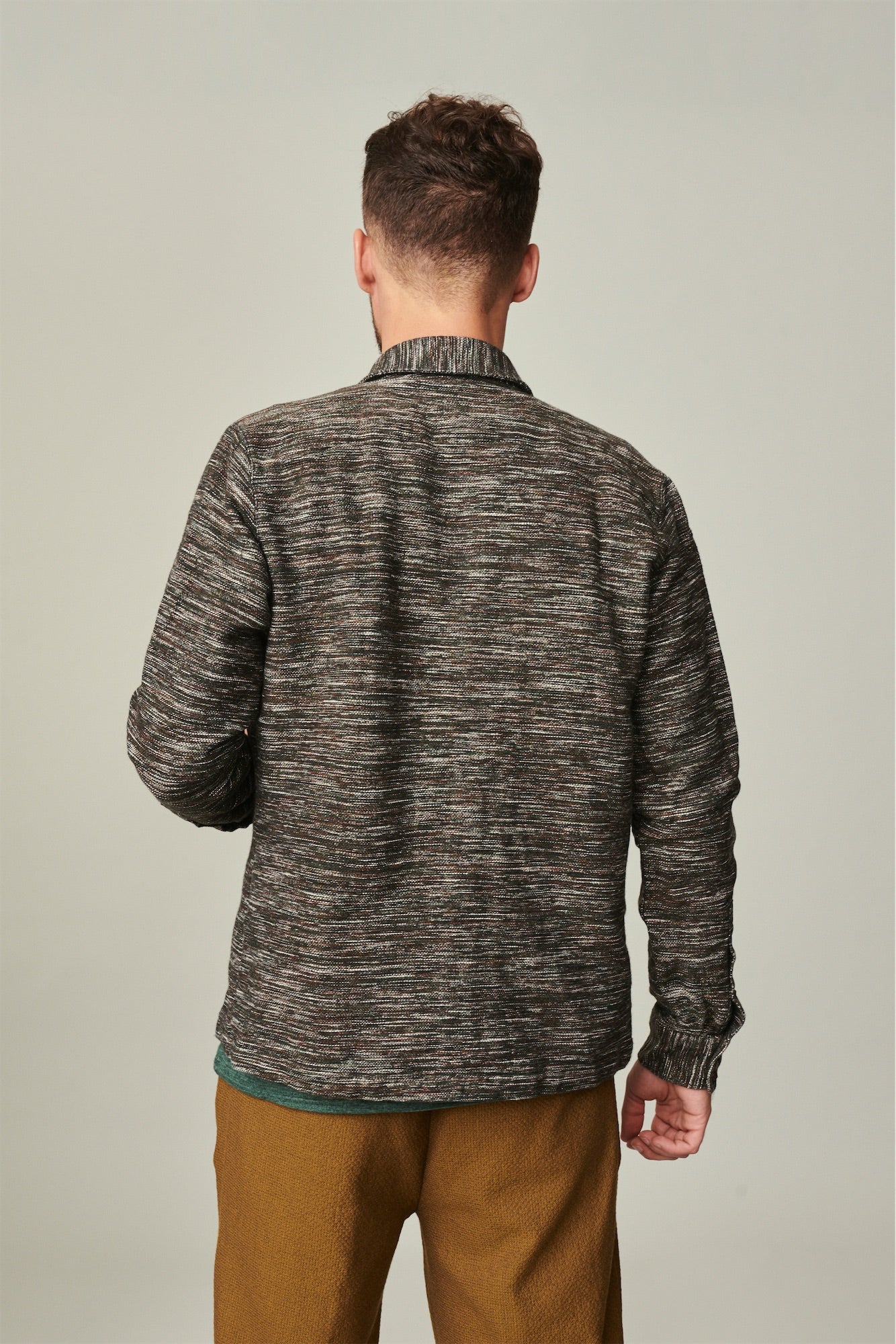 Strong Overshirt in a High End Italian Subtle Green, Brown and Cream Melange of Wool, Cotton, Linen and Cashmere