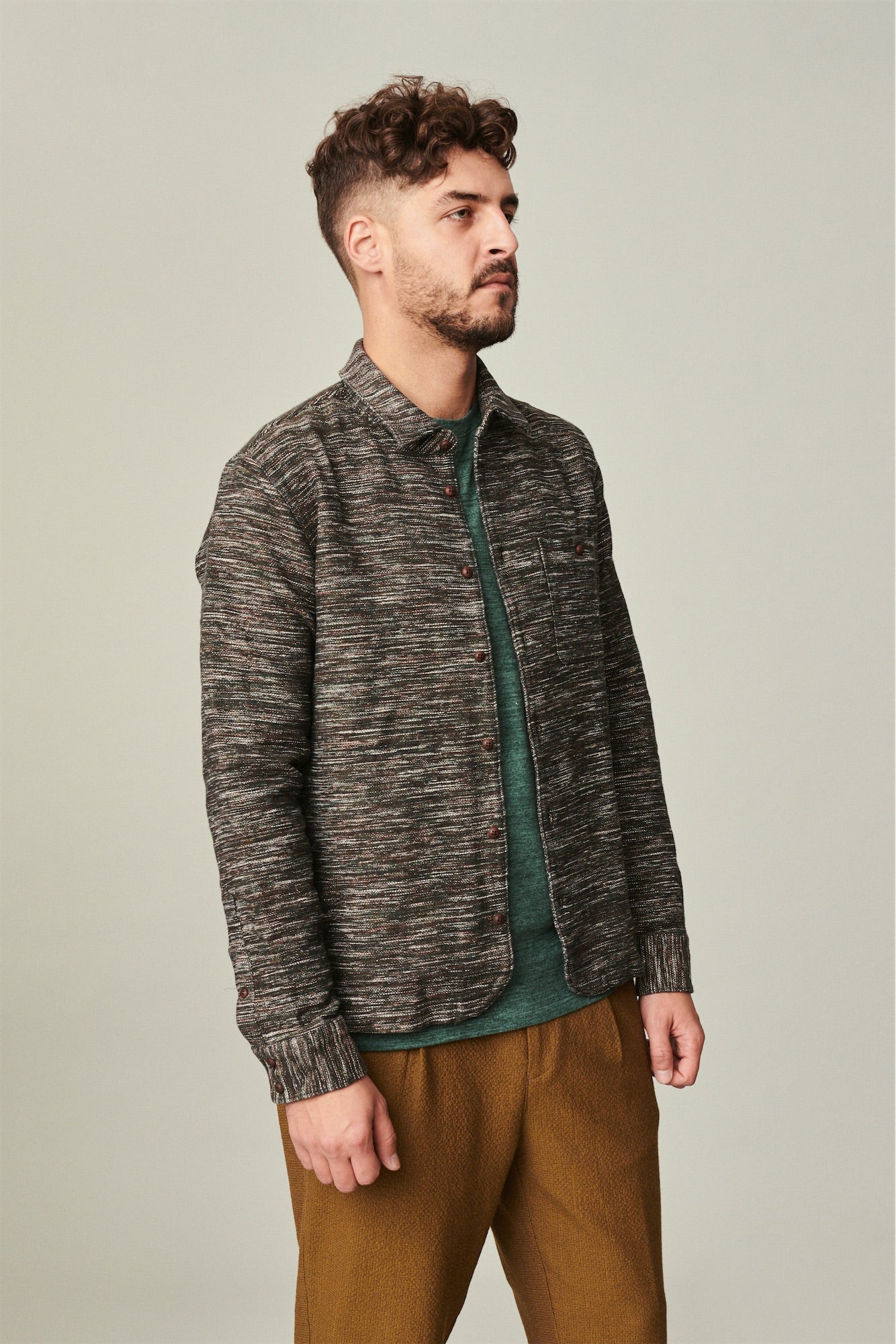 Strong Overshirt in a High End Italian Subtle Green, Brown and Cream Melange of Wool, Cotton, Linen and Cashmere