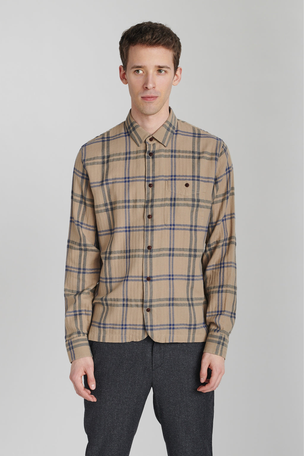 Strong Shirt in a Beige and Blue Chequered Fine Japanese Cotton Flannel