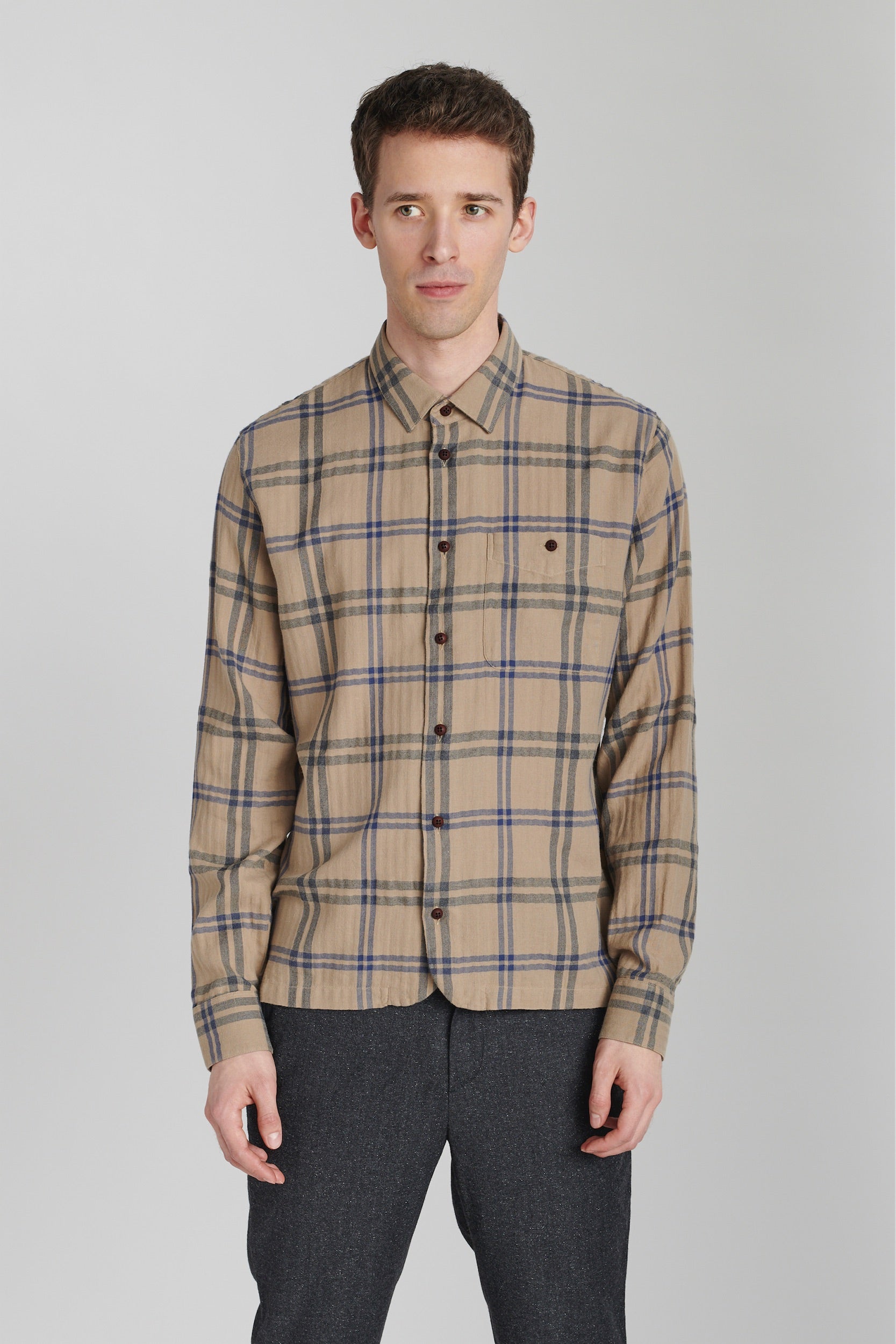 Strong Shirt in a Beige and Blue Chequered Fine Japanese Cotton Flannel