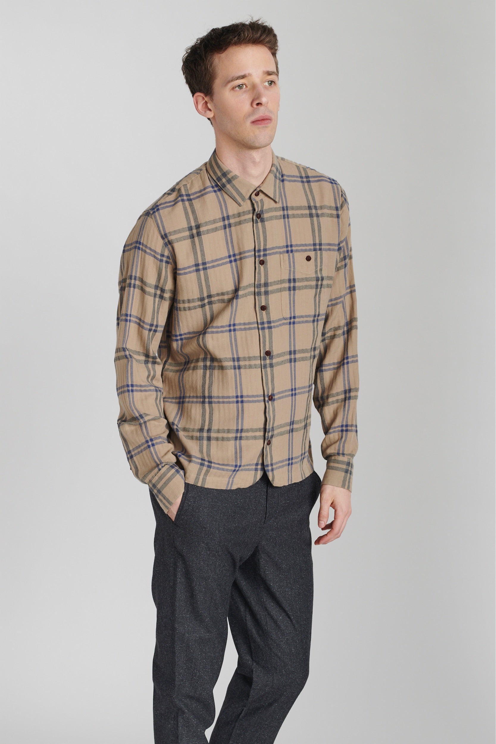 Strong Shirt in a Beige and Blue Chequered Fine Japanese Cotton Flannel