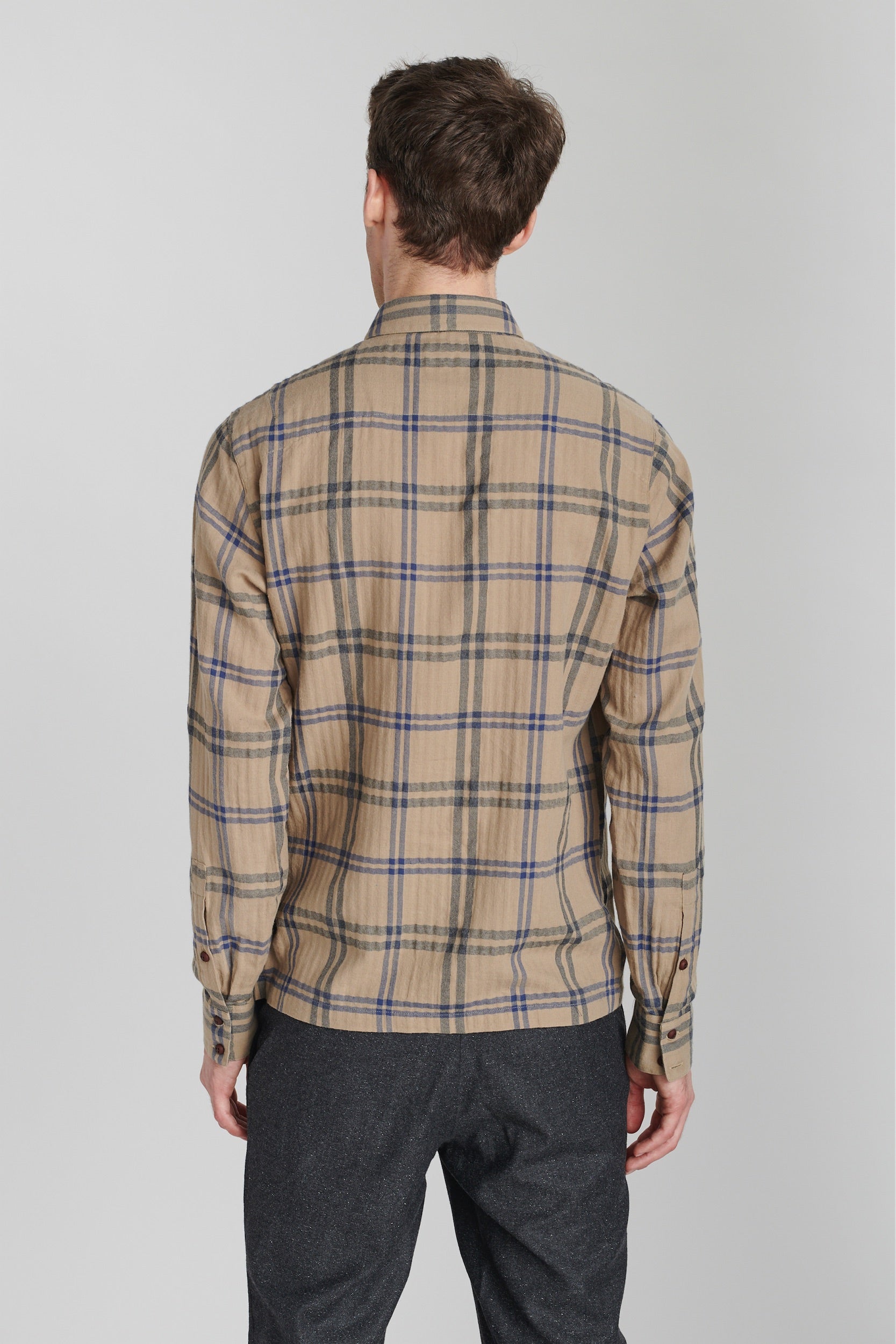 Strong Shirt in a Beige and Blue Chequered Fine Japanese Cotton Flannel