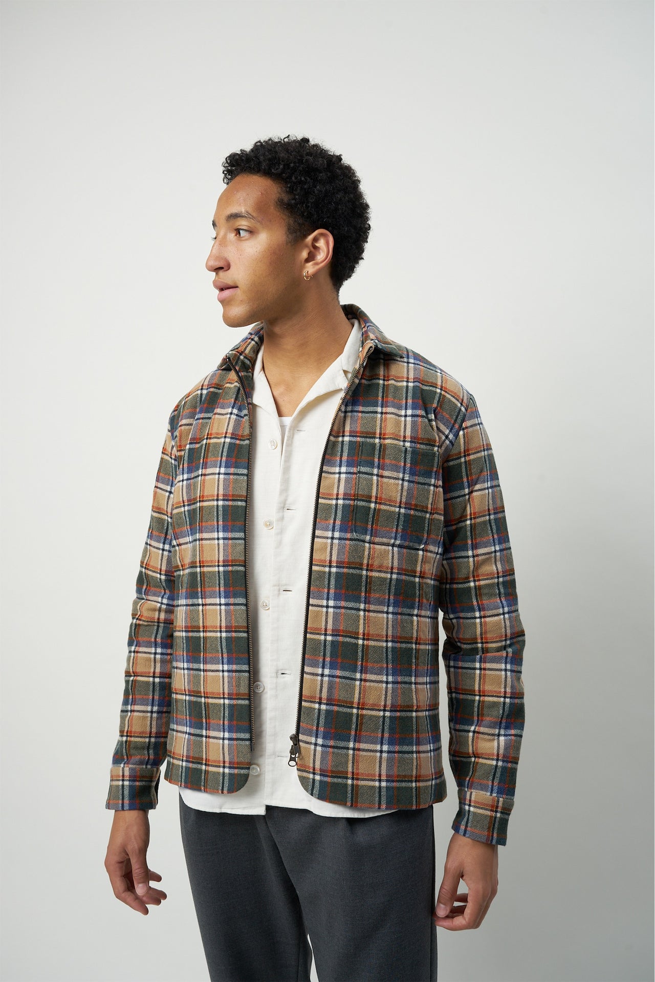 Insulated Jacket in a Chequered Green, Beige, Navy and Orange Soft High End Italian Virgin Wool with Freudenberg Insulation