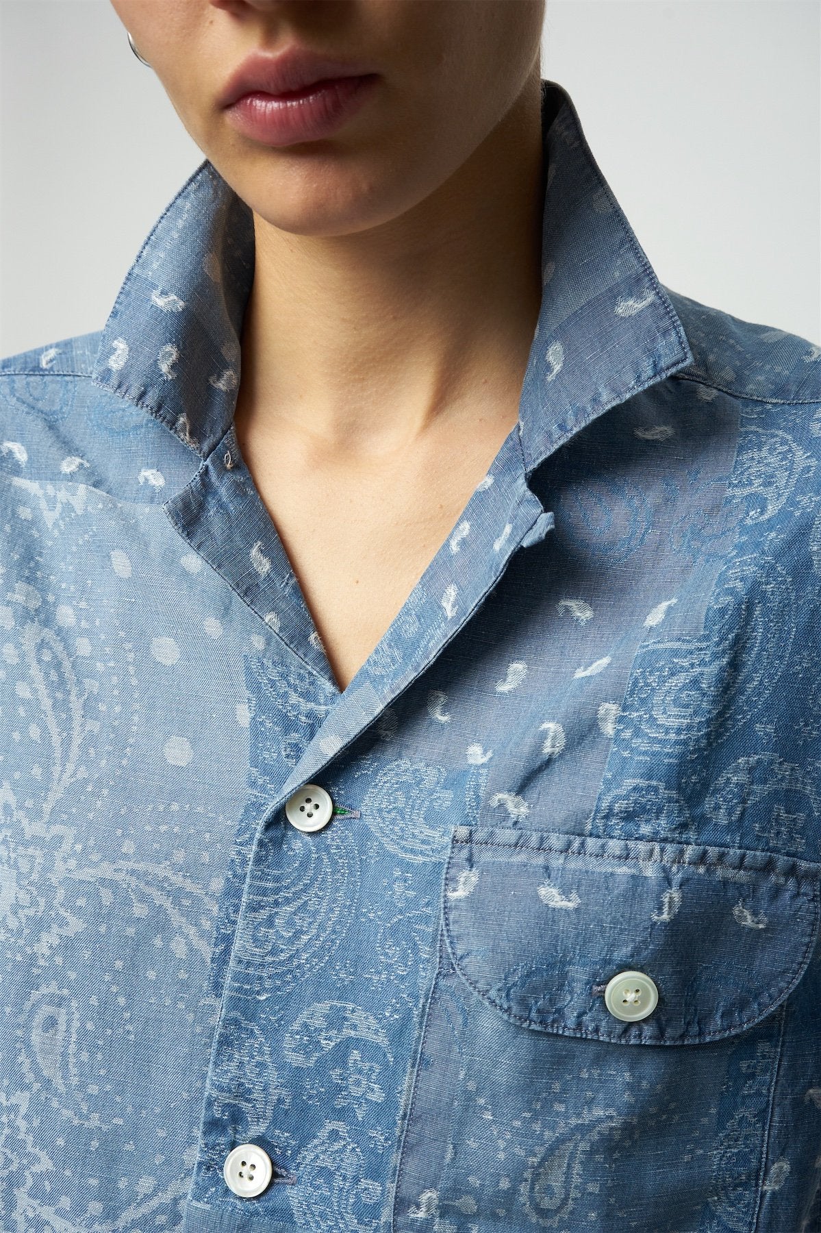 Short Sleeve Relaxed Cuban Collar Shirt in a Bleached Jacquard Italian Cotton Denim