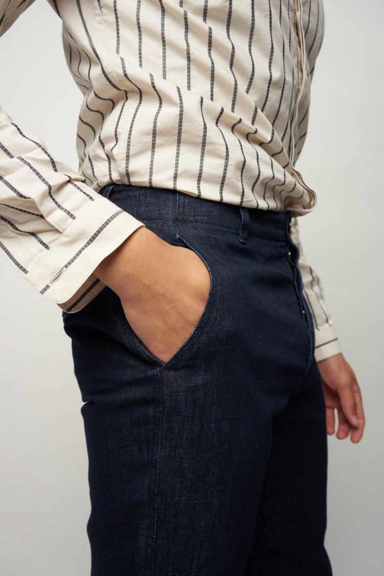 Rolling Hills Trousers in a Cool Blue Denim of an Italian Hemp and Cotton Blend