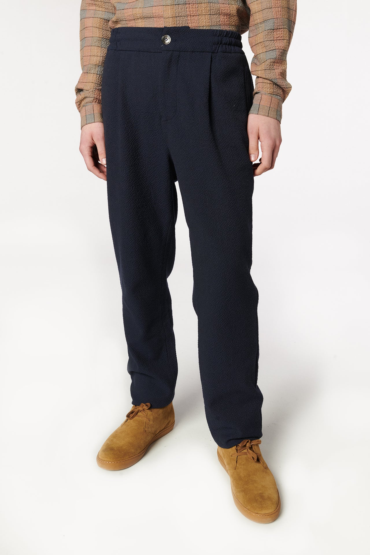 New Garden Trousers in a Navy Blue  Italian Virgin Wool and Cotton Seersucker