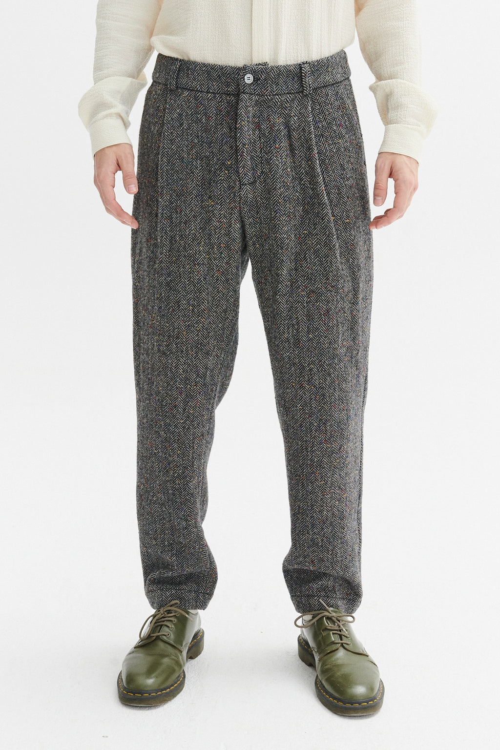 Genuine Trousers in a Grey and Black Italian Virgin Wool Herringbone Tweed