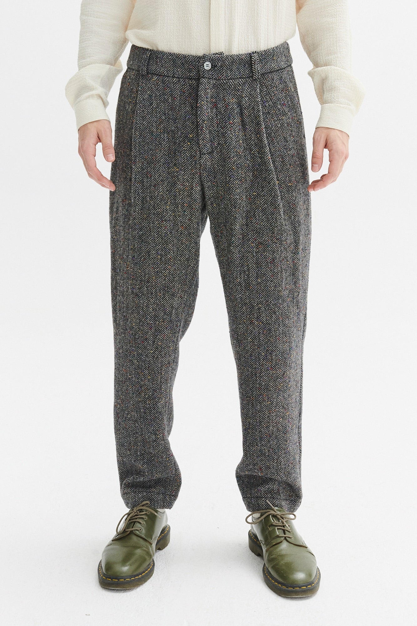 Genuine Trousers in a Grey and Black Italian Virgin Wool Herringbone Tweed