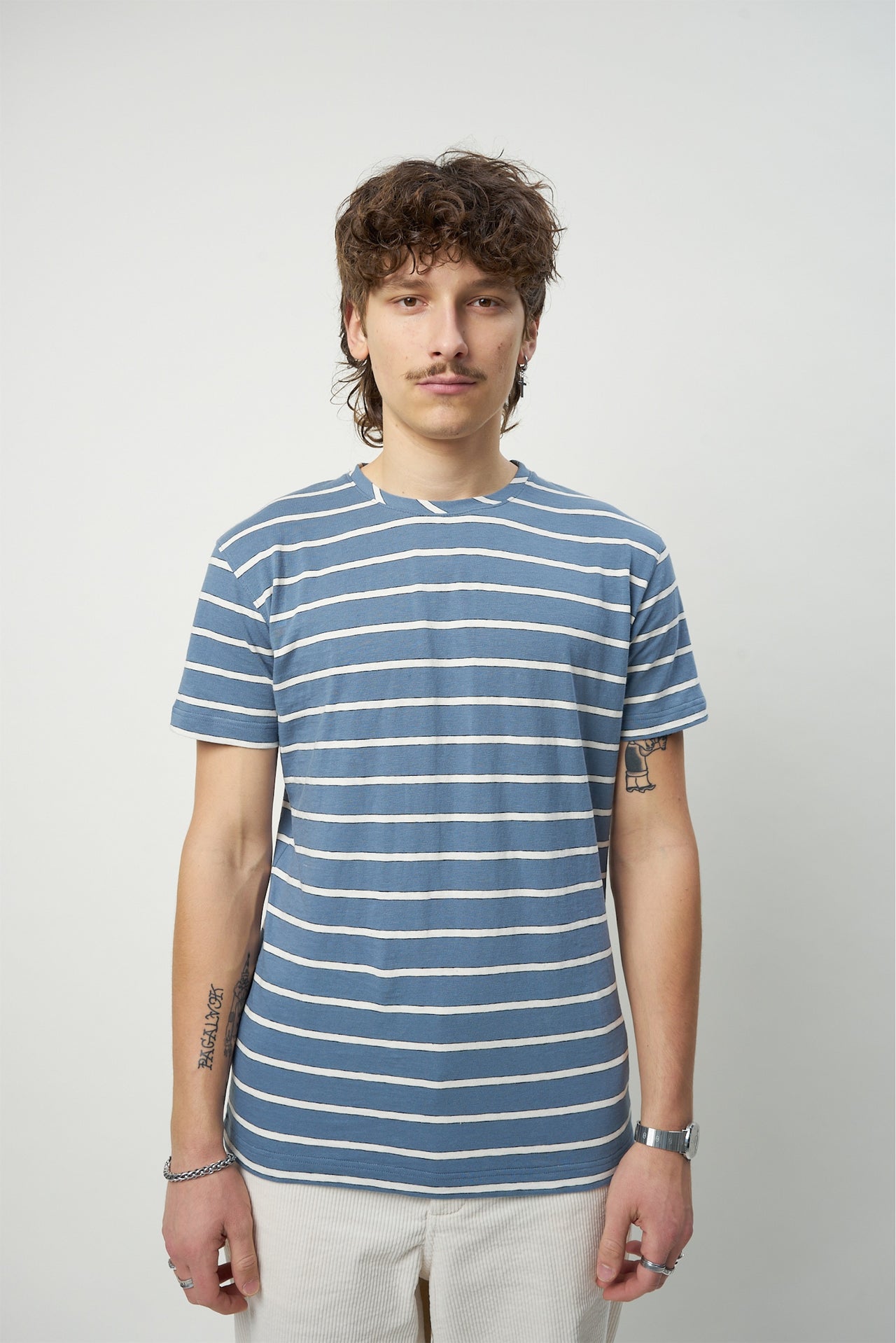 T-shirt in a Blue and White Striped Fine Feeling Japanese Slow-Knit Cotton