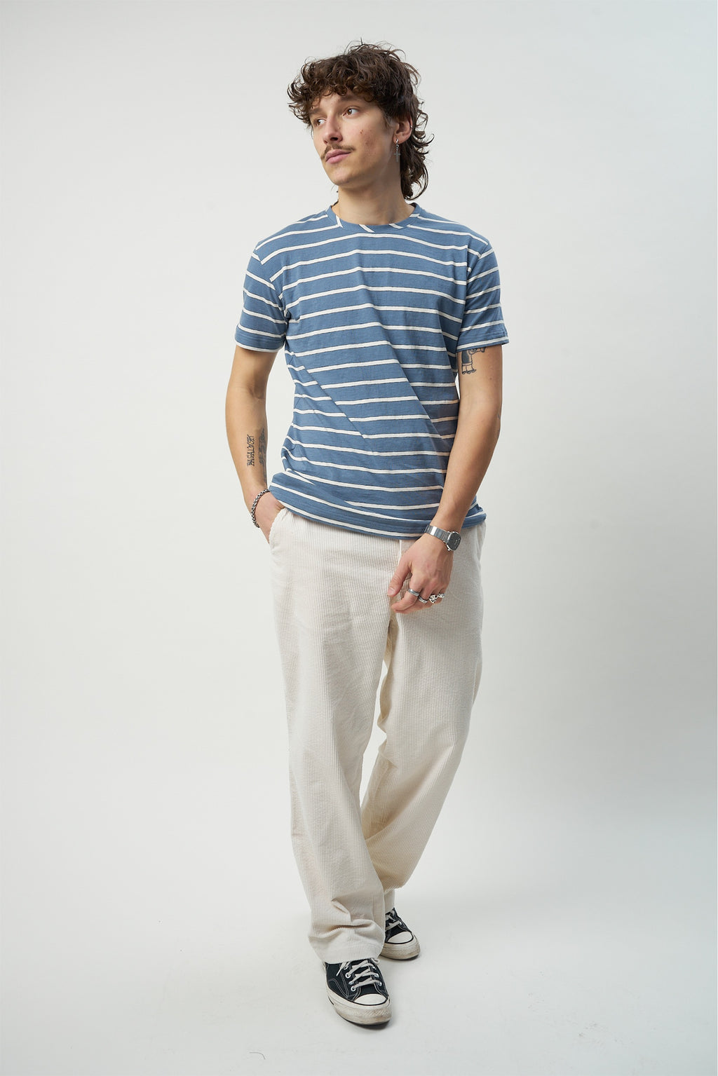 T-shirt in a Blue and White Striped Fine Feeling Japanese Slow-Knit Cotton