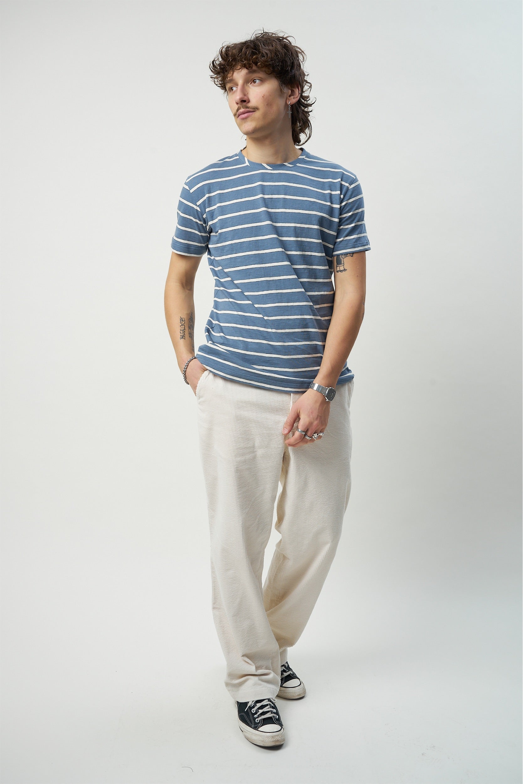 T-shirt in a Blue and White Striped Fine Feeling Japanese Slow-Knit Cotton