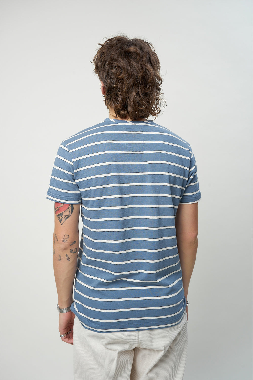 T-shirt in a Blue and White Striped Fine Feeling Japanese Slow-Knit Cotton