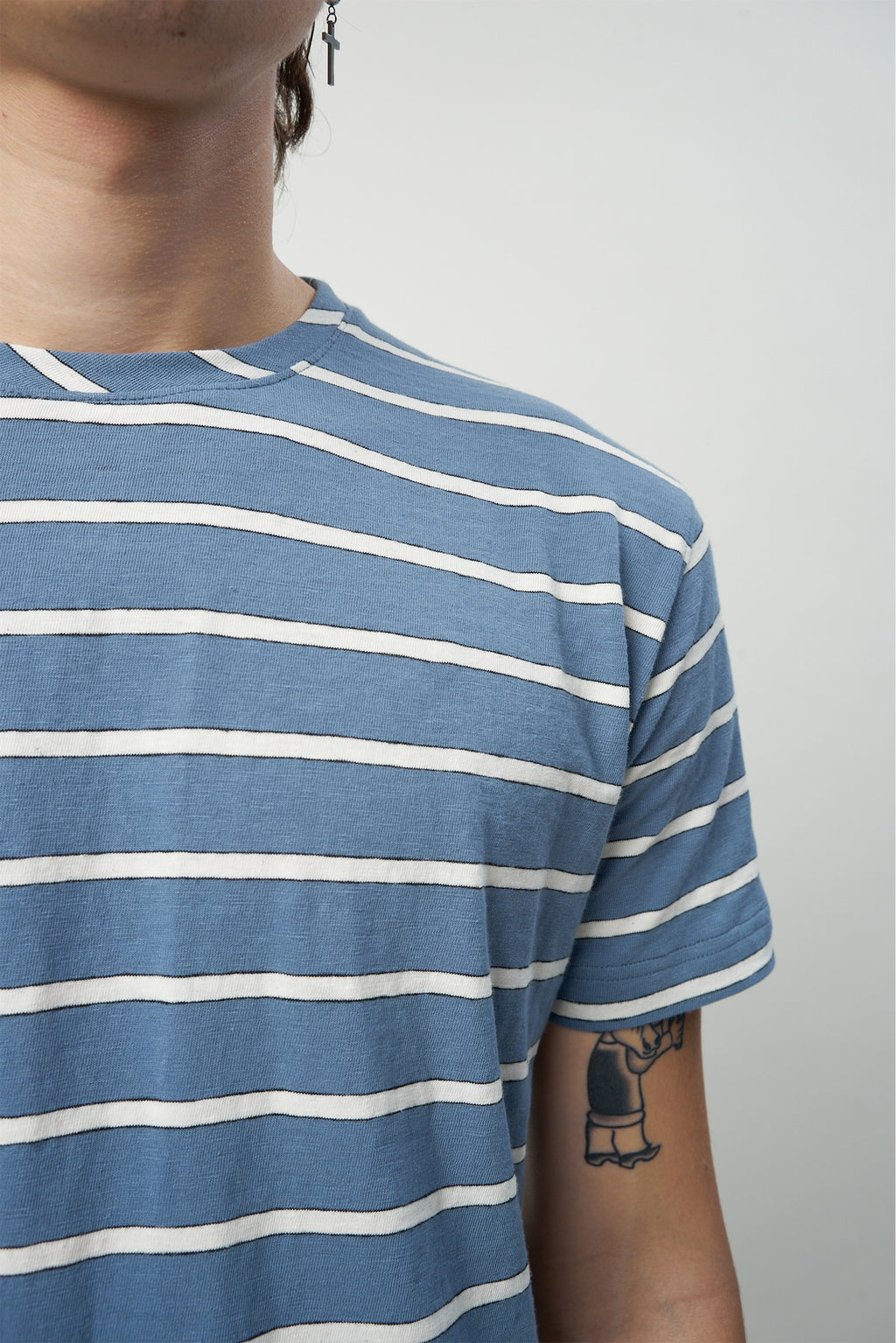 T-shirt in a Blue and White Striped Fine Feeling Japanese Slow-Knit Cotton