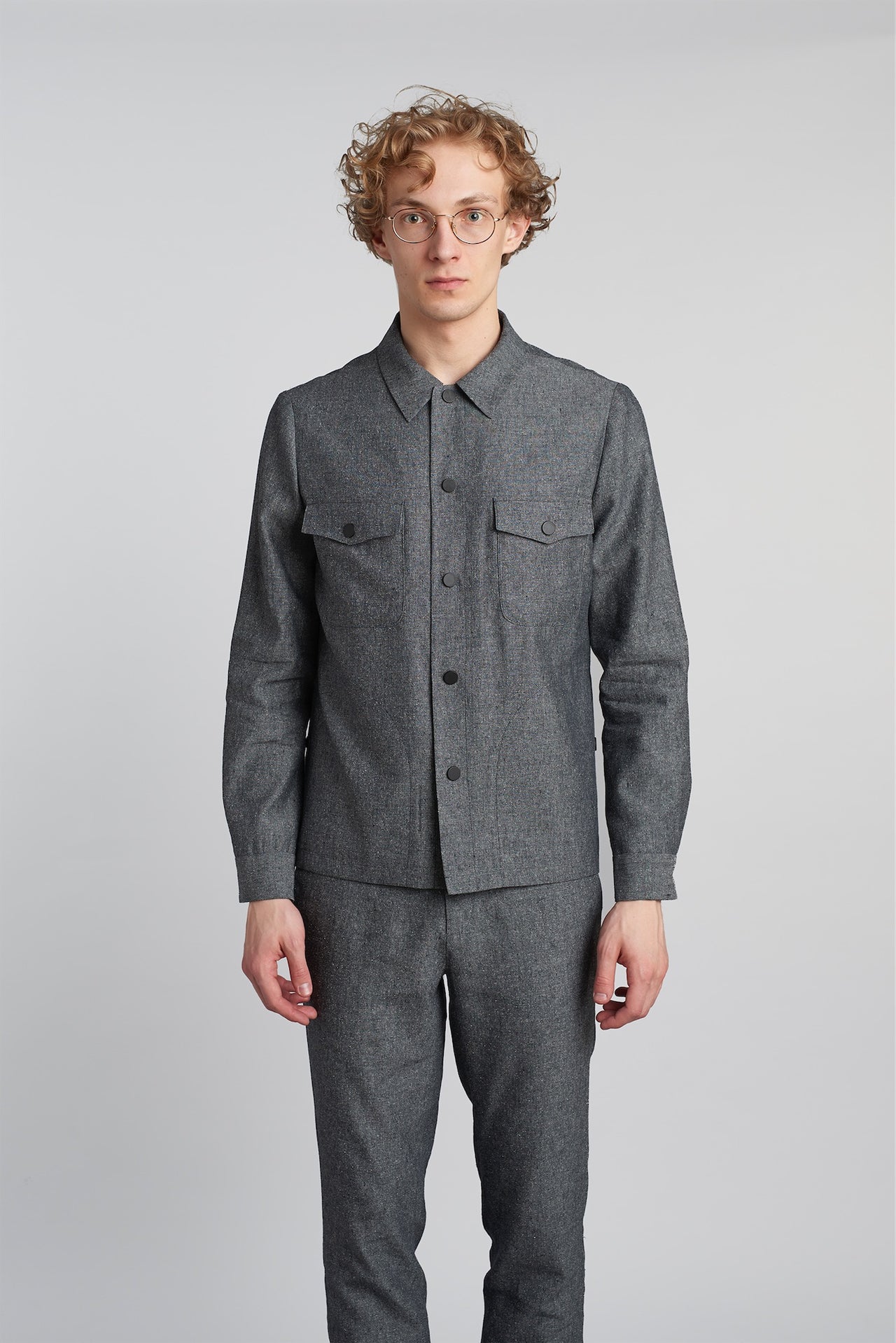 Snap Button Jacket in a Grey Blend of Italian Virgin Wool, Silk and Linen by Zignone