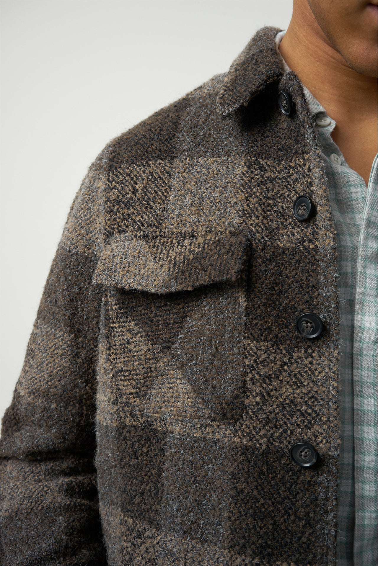 Winter Jacket in the Finest Tonal Brown Grey Chequered Italian Soft Virgin and Alpaca Wool with MEIDA Thermo Insulation