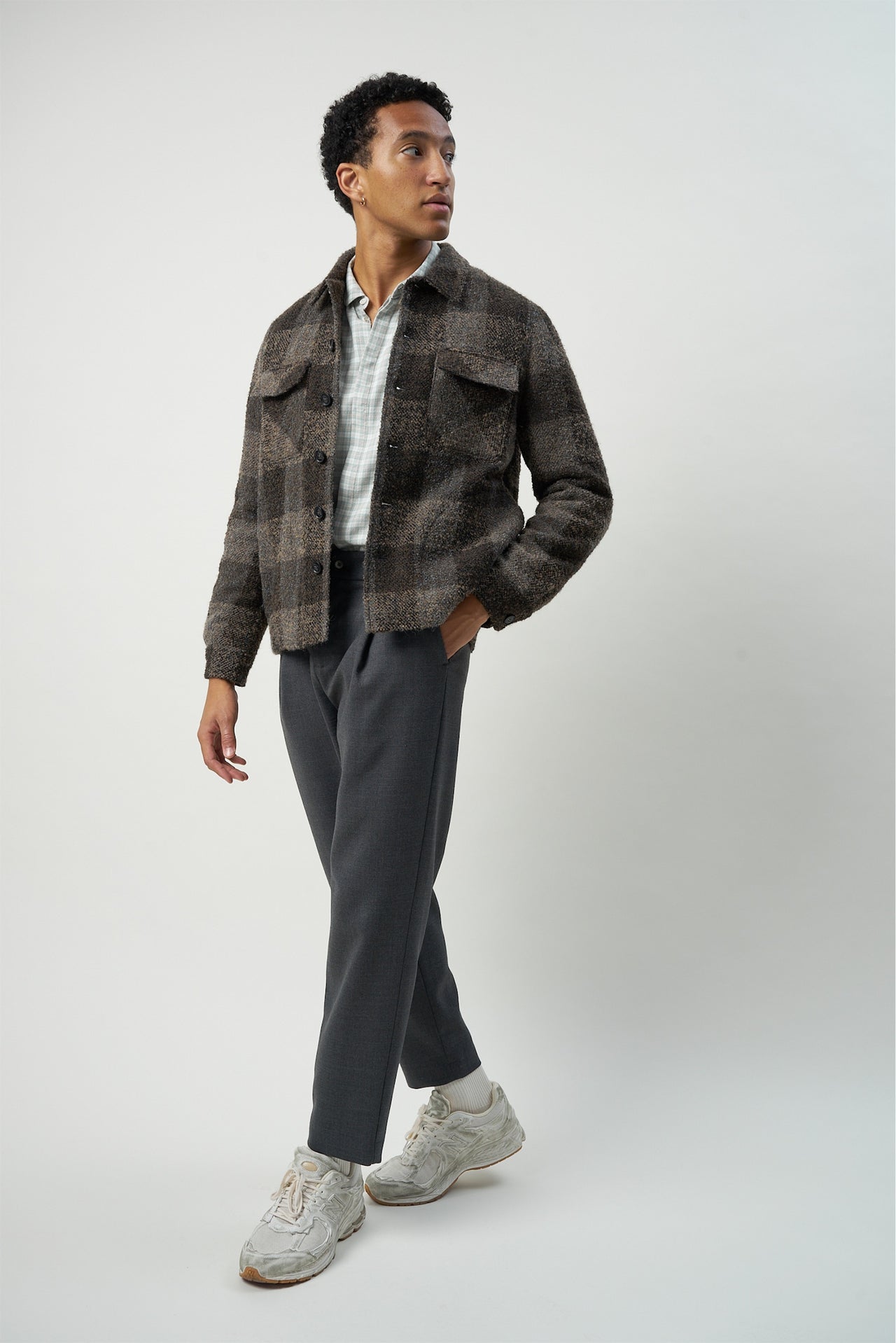 Winter Jacket in the Finest Tonal Brown Grey Chequered Italian Soft Virgin and Alpaca Wool with MEIDA Thermo Insulation