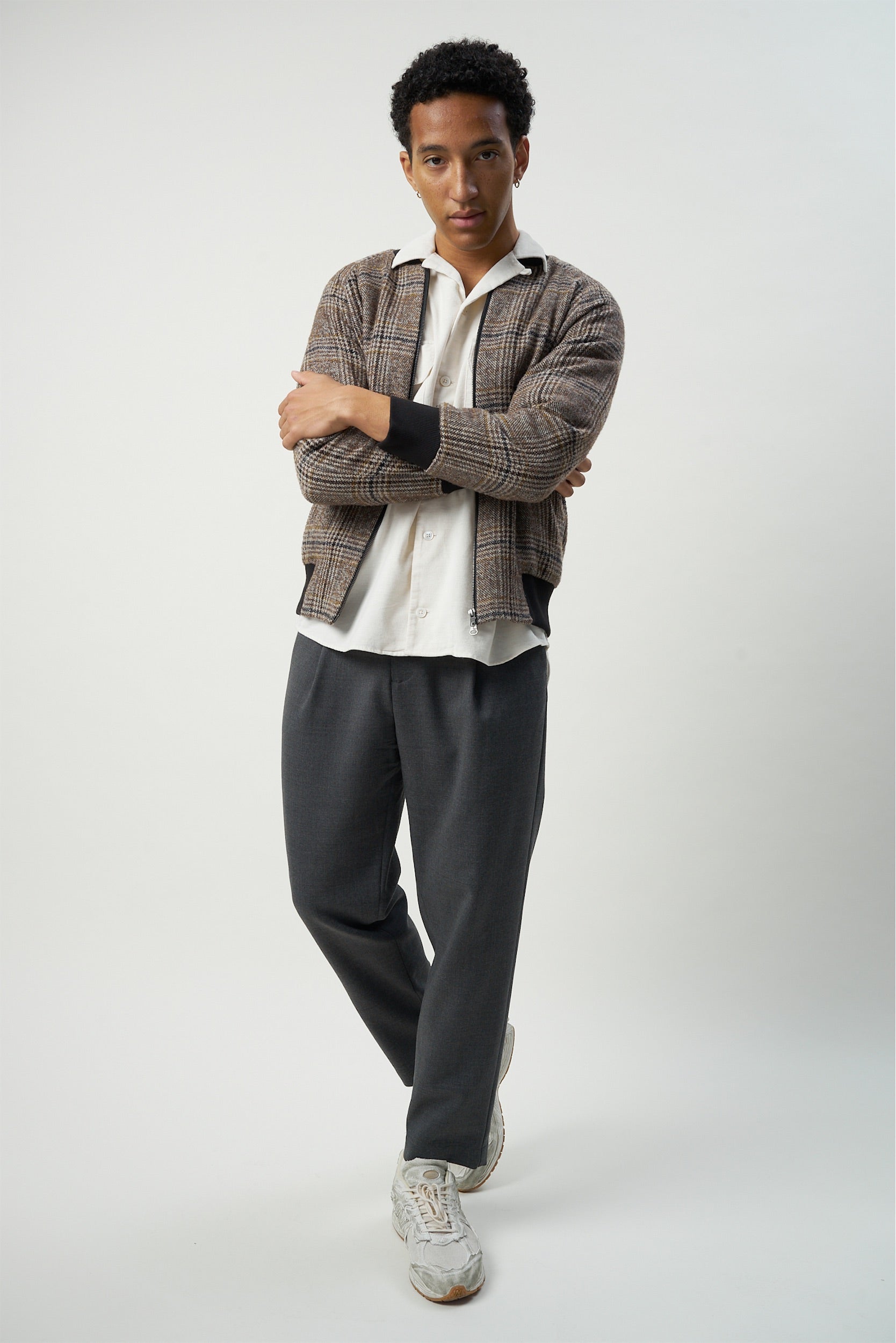 Bomber Jacket in a Soft Brown Chequered Italian Wool