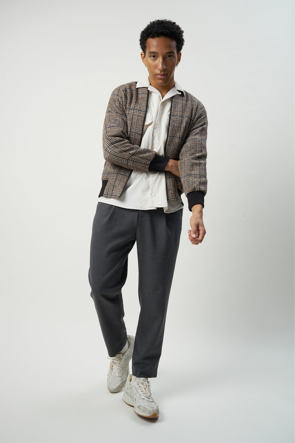 Bomber Jacket in a Soft Brown Chequered Italian Wool