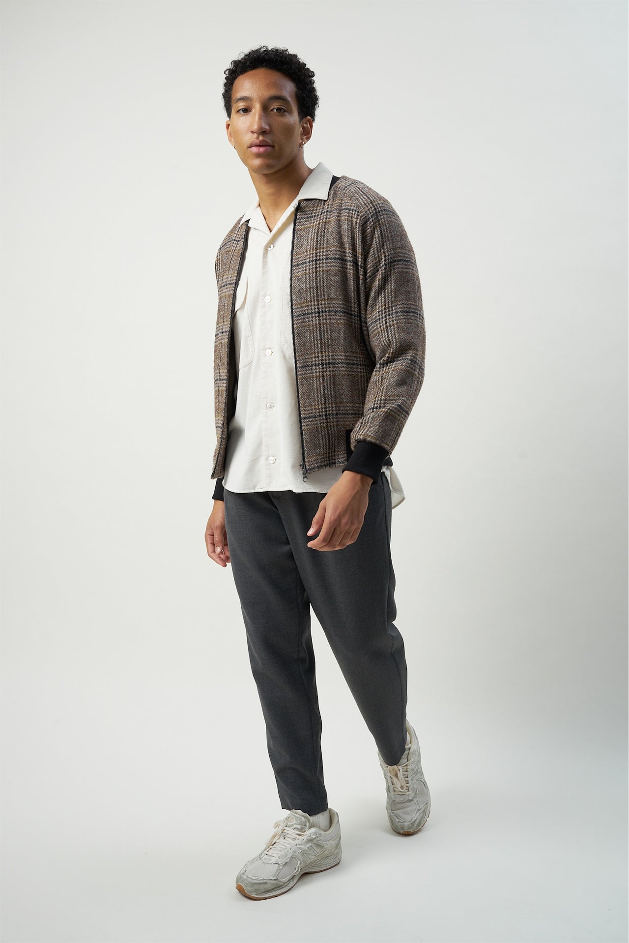 Bomber Jacket in a Soft Brown Checquered Italian Wool